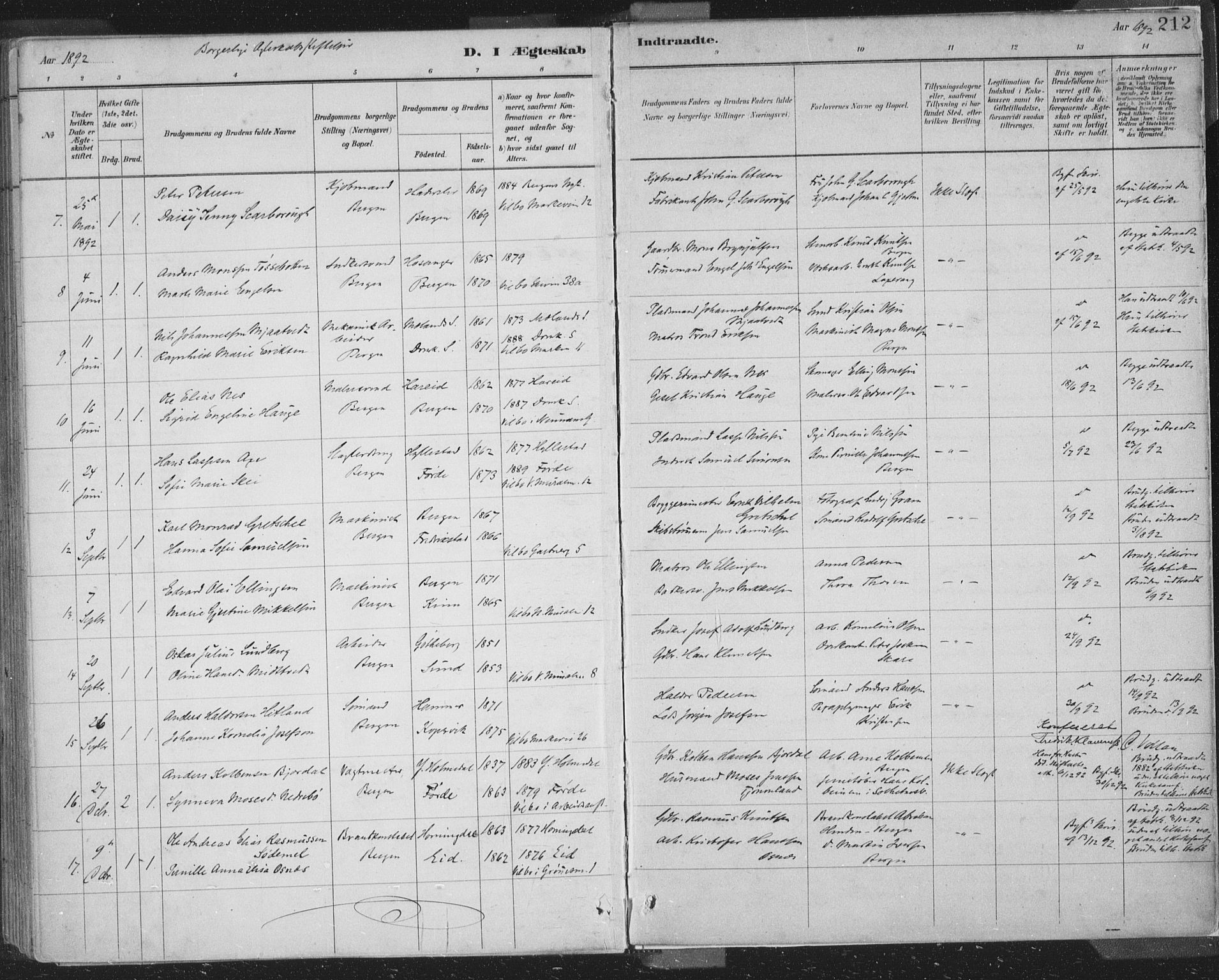 Domkirken sokneprestembete, SAB/A-74801/H/Hab/L0032: Parish register (copy) no. D 4, 1880-1907, p. 212