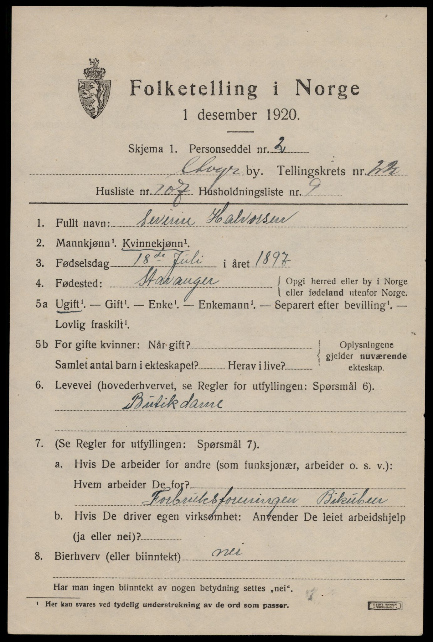 SAST, 1920 census for Stavanger, 1920, p. 75210