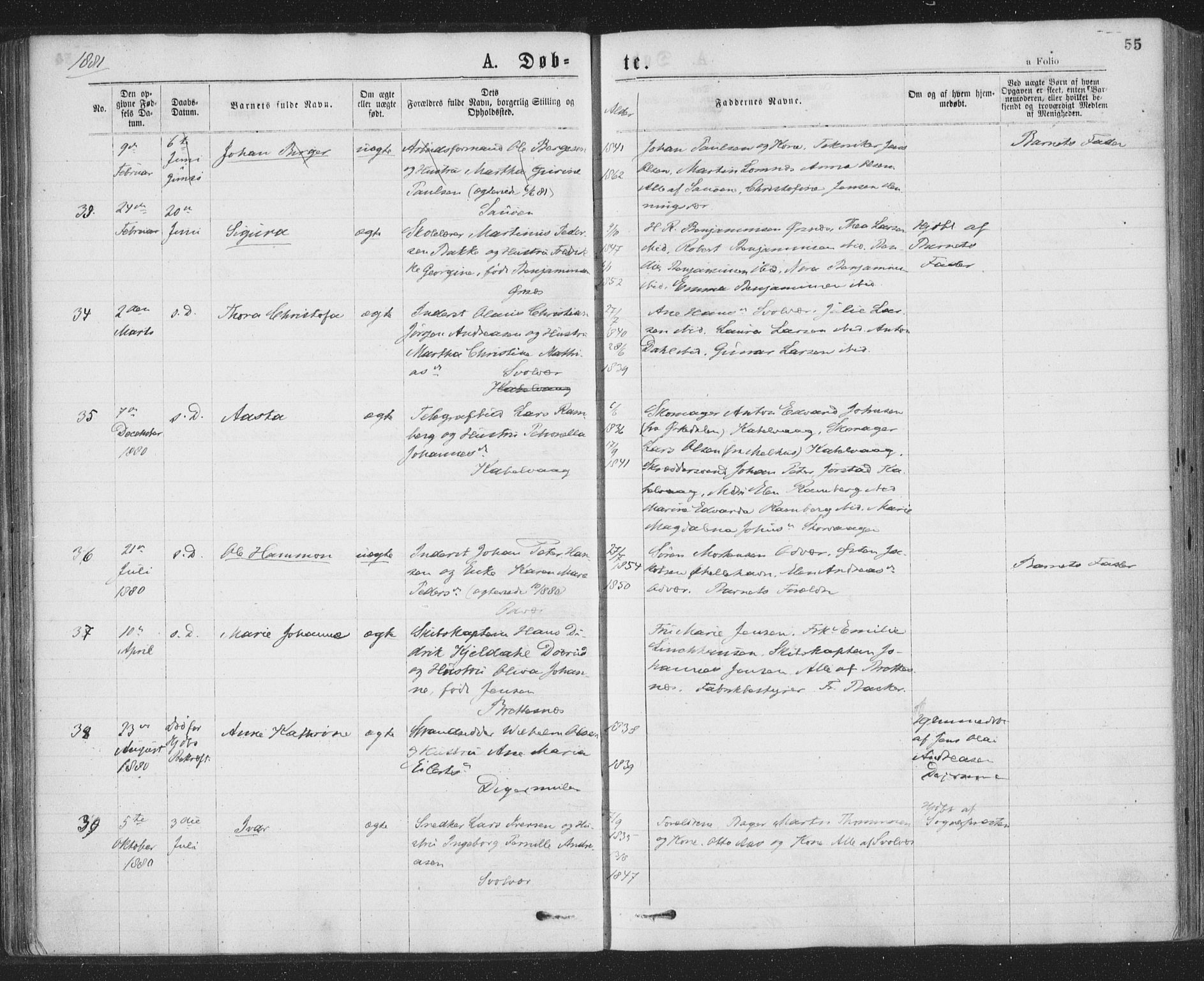 Ministerialprotokoller, klokkerbøker og fødselsregistre - Nordland, SAT/A-1459/874/L1058: Parish register (official) no. 874A02, 1878-1883, p. 55
