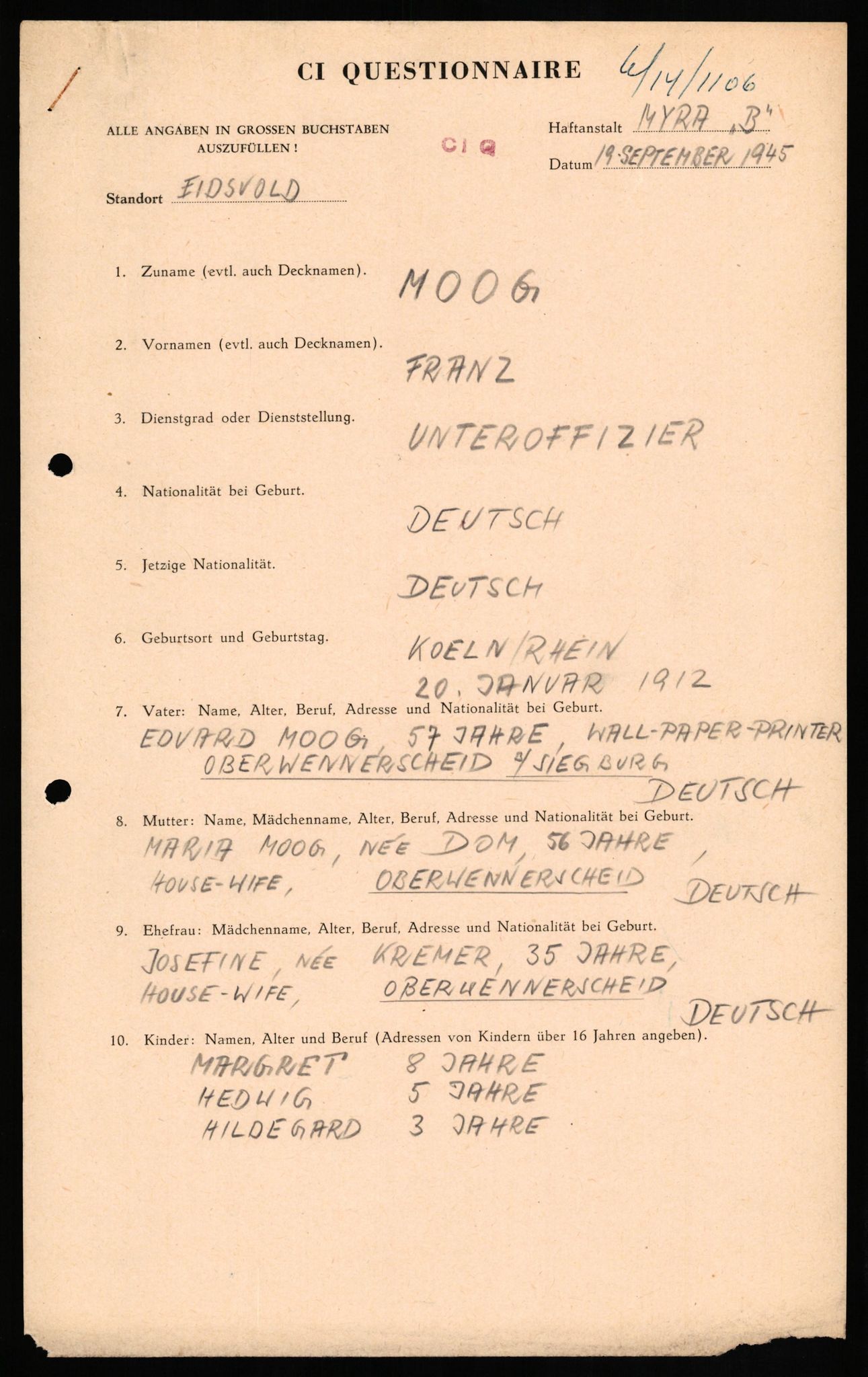 Forsvaret, Forsvarets overkommando II, RA/RAFA-3915/D/Db/L0022: CI Questionaires. Tyske okkupasjonsstyrker i Norge. Tyskere., 1945-1946, p. 195