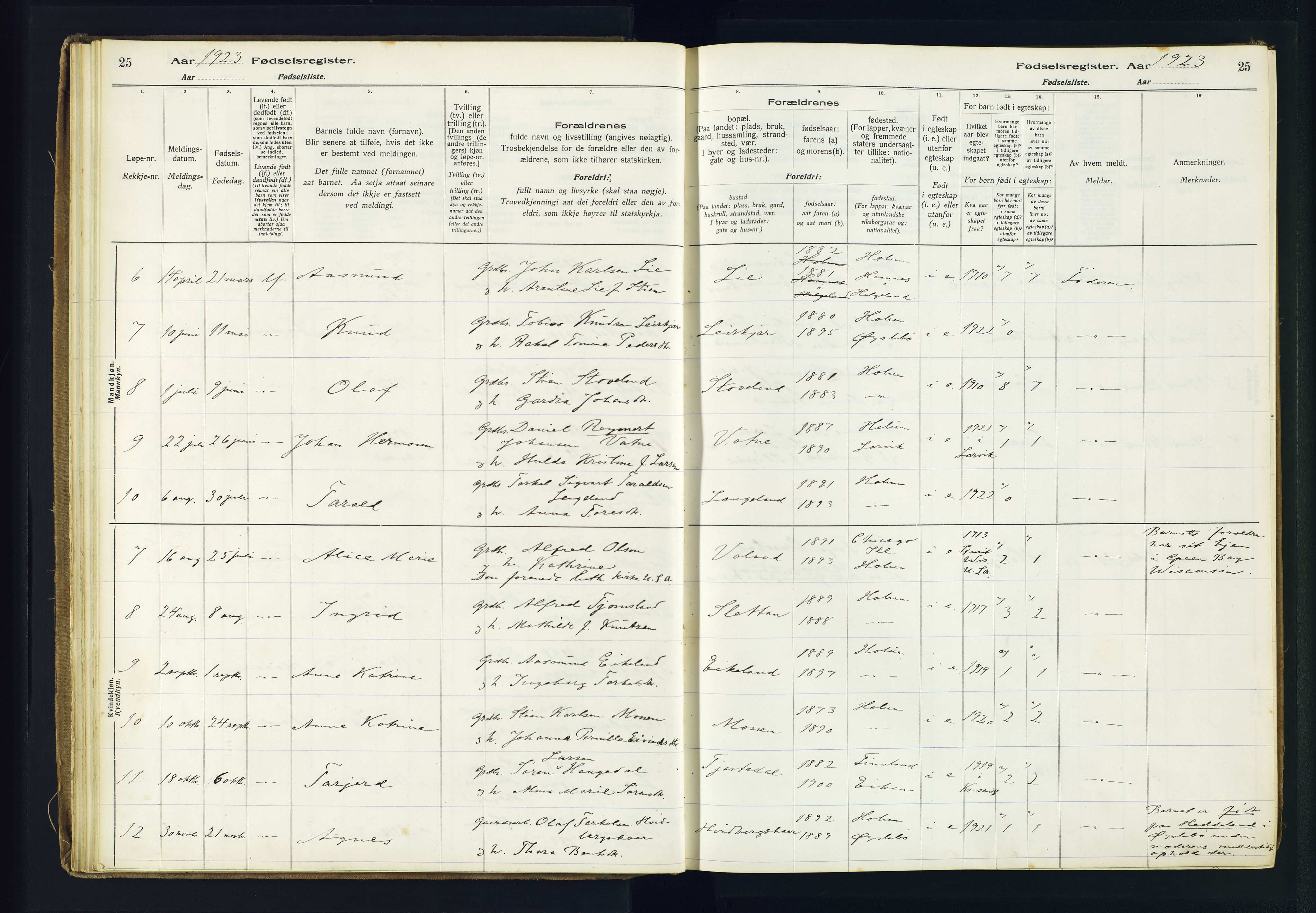 Holum sokneprestkontor, SAK/1111-0022/J/Ja/L0003: Birth register no. II.6.12, 1916-1982, p. 25