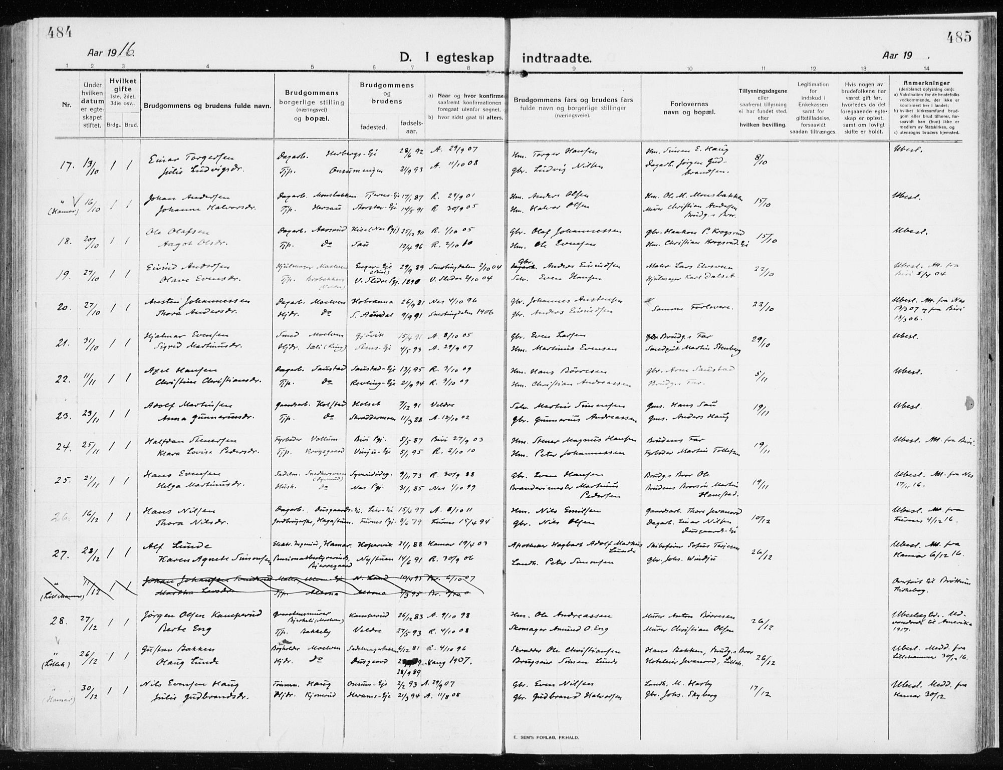 Ringsaker prestekontor, SAH/PREST-014/K/Ka/L0020: Parish register (official) no. 20, 1913-1922, p. 484-485