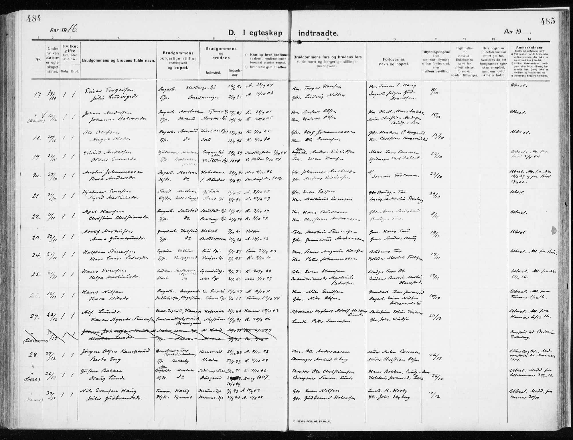 Ringsaker prestekontor, AV/SAH-PREST-014/K/Ka/L0020: Parish register (official) no. 20, 1913-1922, p. 484-485