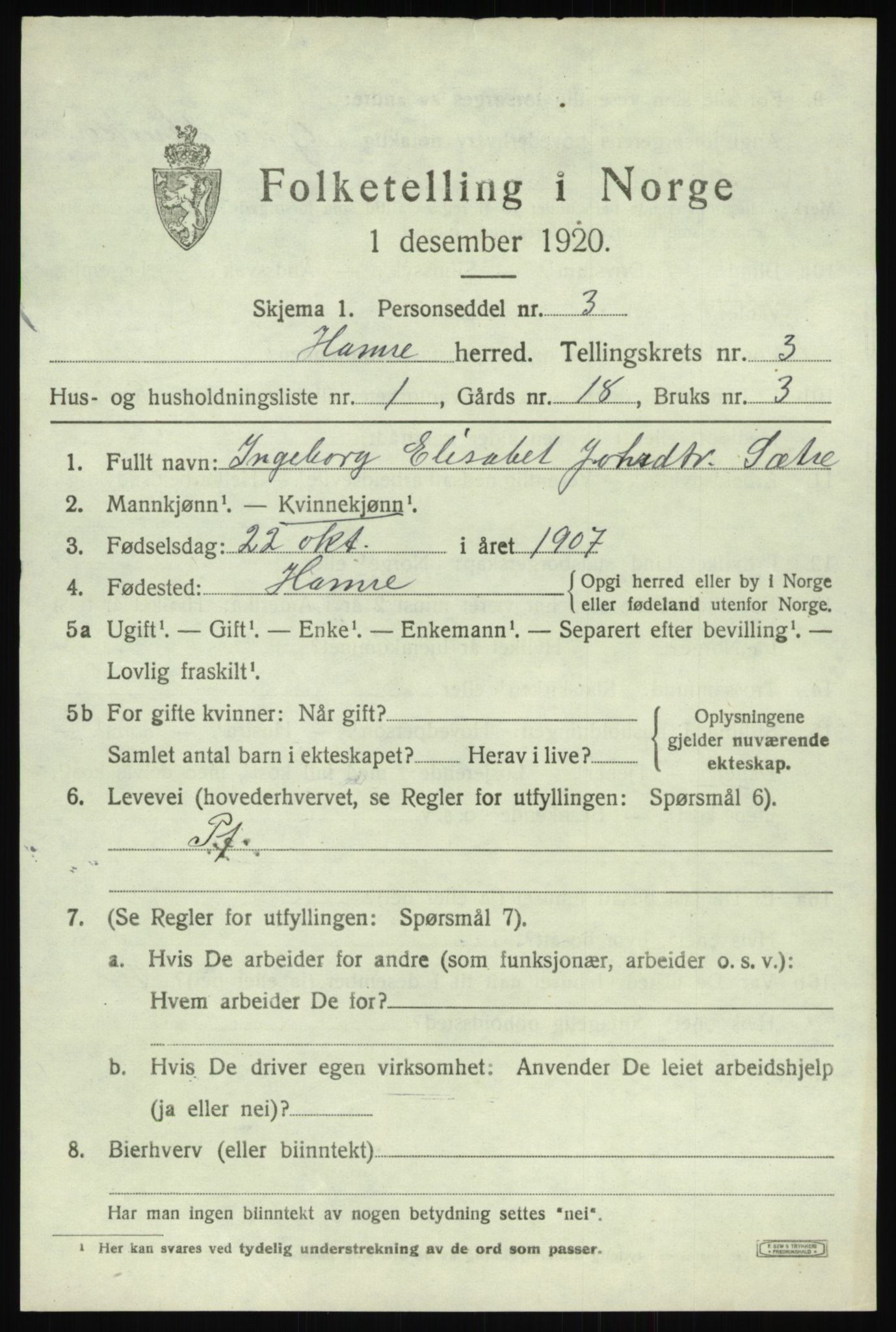 SAB, 1920 census for Hamre, 1920, p. 1699