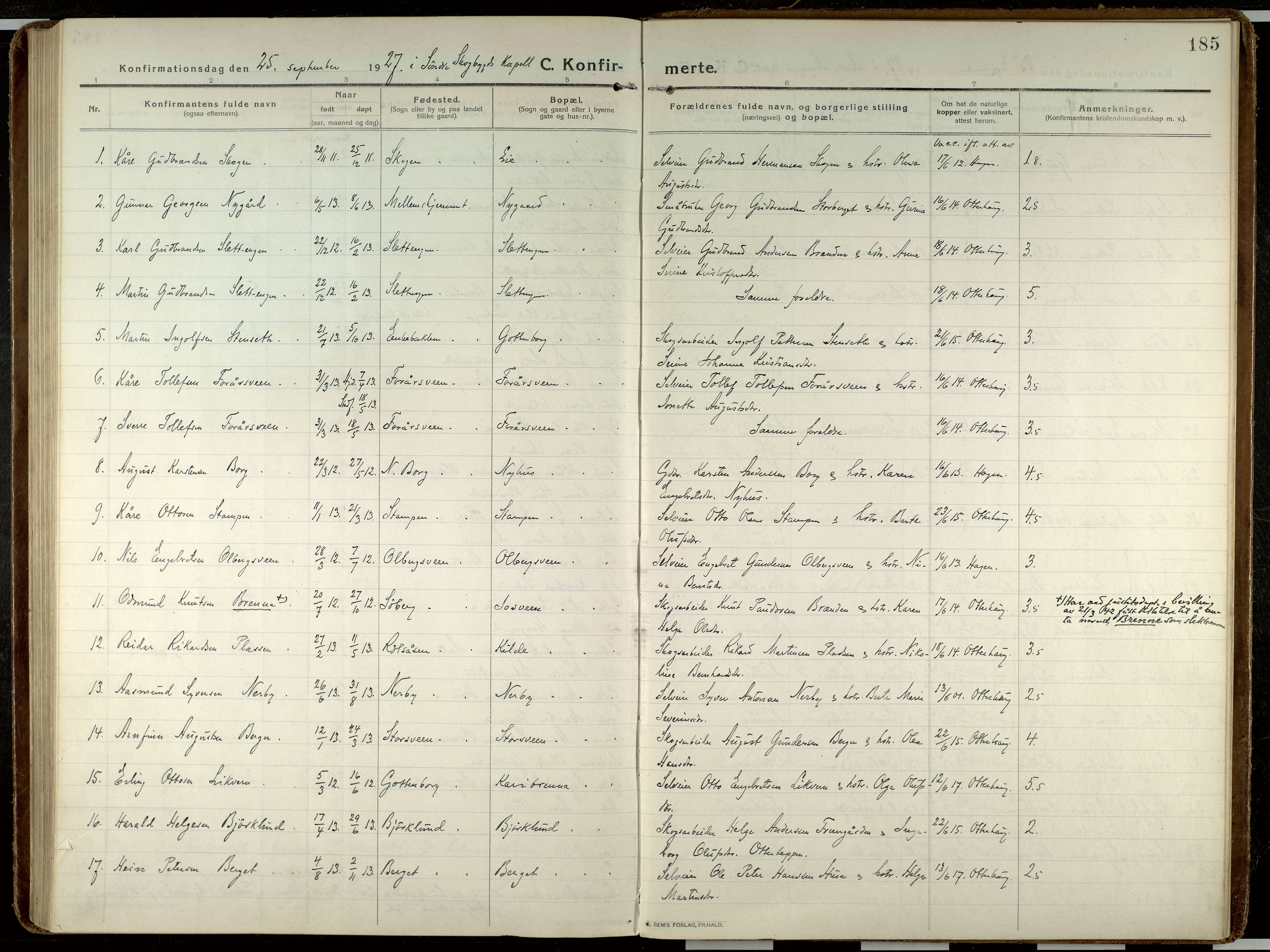 Elverum prestekontor, AV/SAH-PREST-044/H/Ha/Haa/L0023: Parish register (official) no. 23, 1914-1929, p. 185
