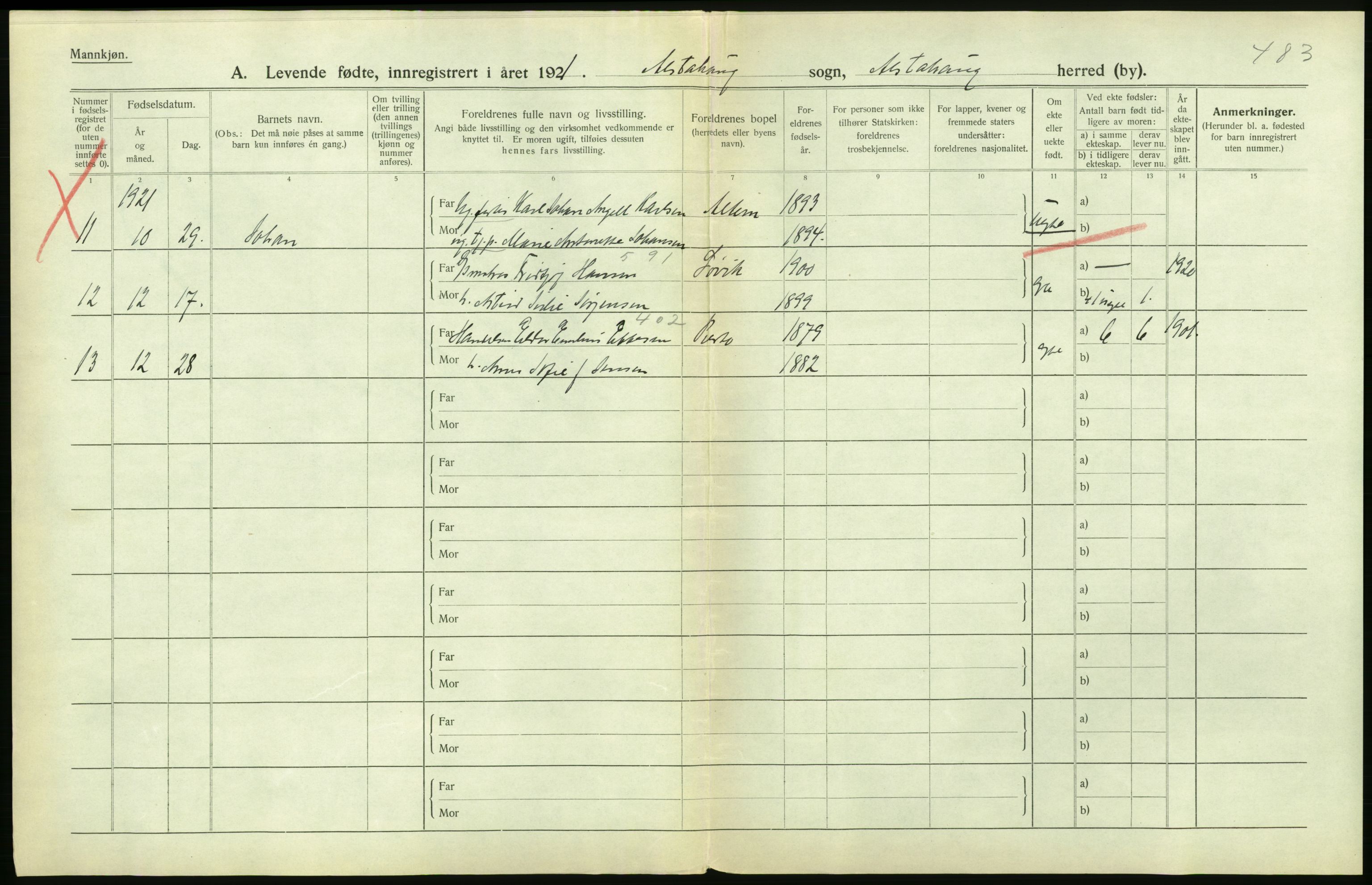 Statistisk sentralbyrå, Sosiodemografiske emner, Befolkning, AV/RA-S-2228/D/Df/Dfc/Dfca/L0049: Nordland fylke: Levendefødte menn og kvinner. Bygder., 1921, p. 524