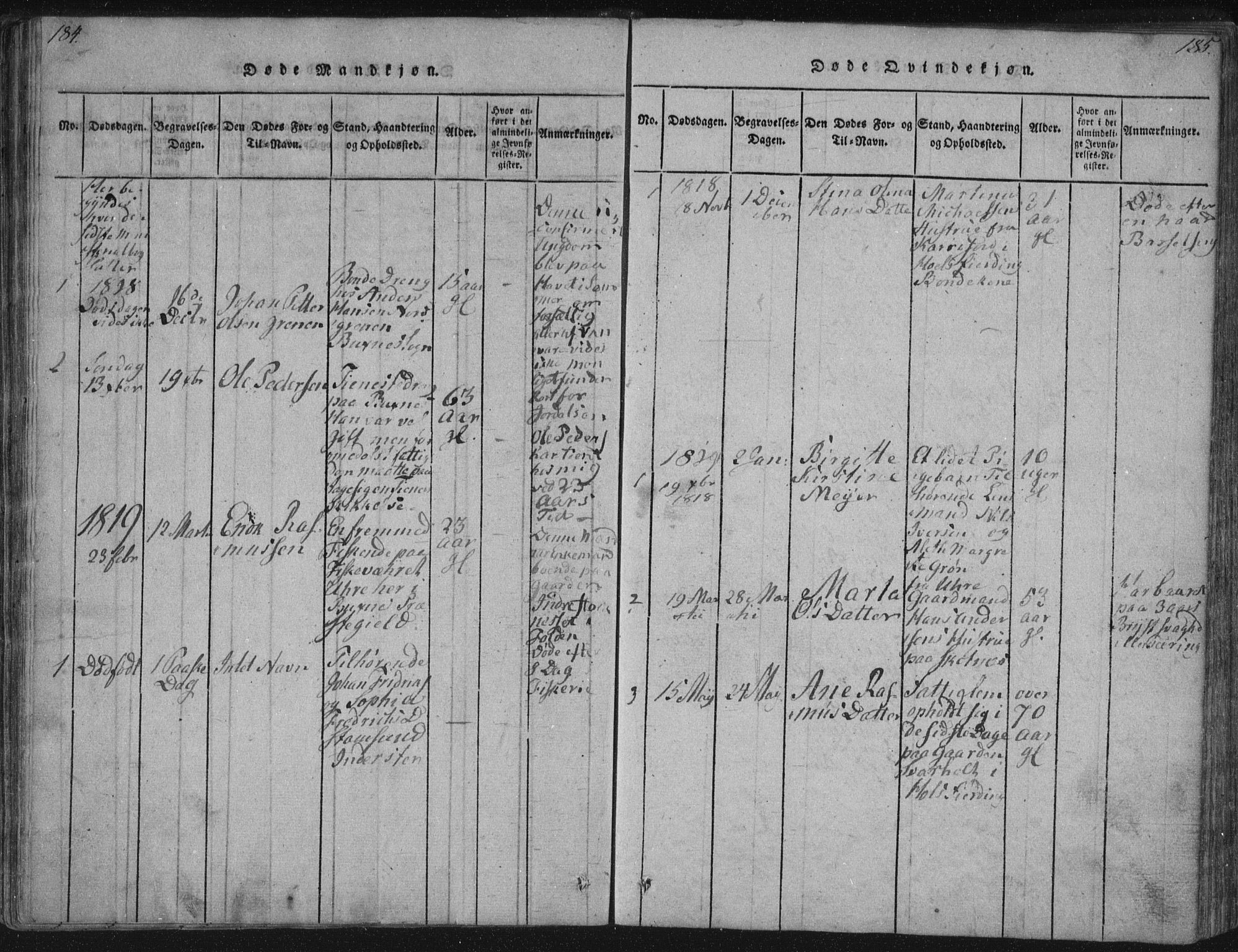 Ministerialprotokoller, klokkerbøker og fødselsregistre - Nordland, AV/SAT-A-1459/881/L1164: Parish register (copy) no. 881C01, 1818-1853, p. 184-185