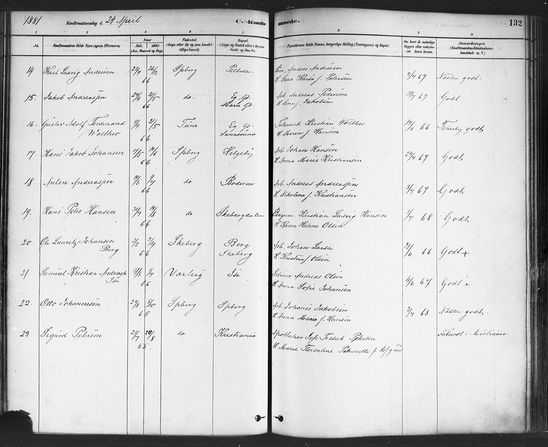 Sarpsborg prestekontor Kirkebøker, SAO/A-2006/F/Fa/L0003: Parish register (official) no. 3, 1878-1891, p. 132