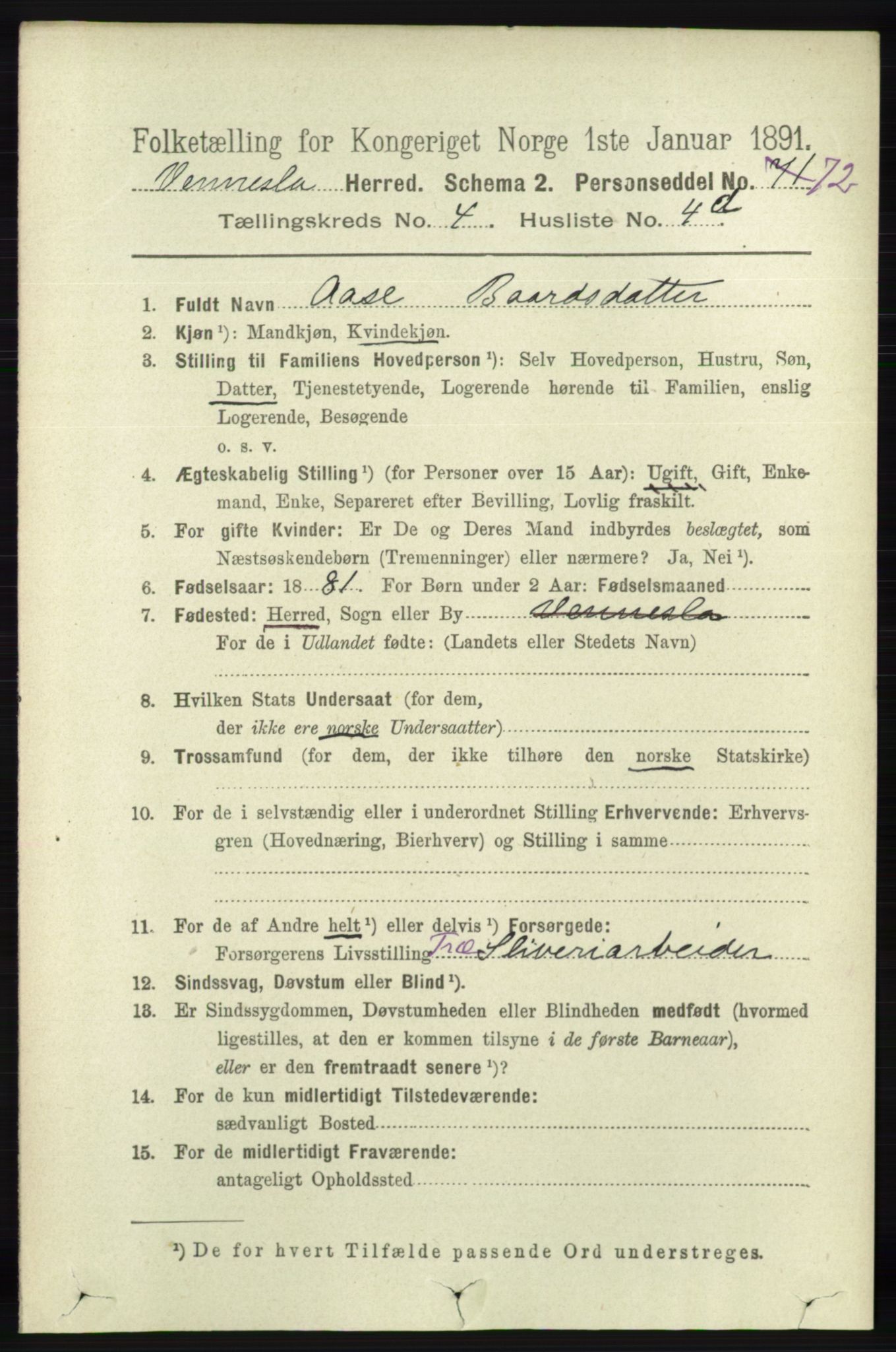 RA, 1891 census for 1014 Vennesla, 1891, p. 979