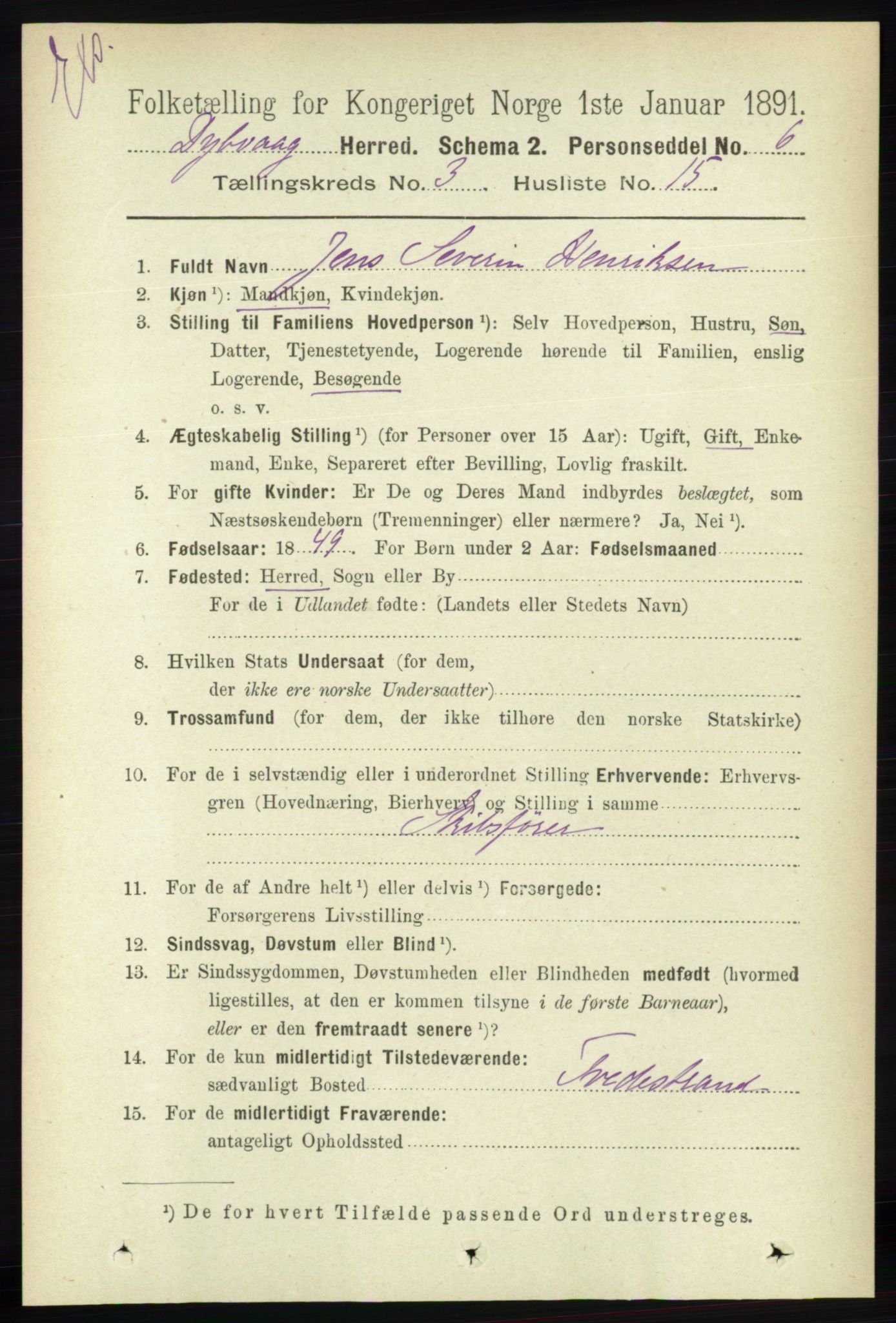 RA, Census 1891 for Nedenes amt: Gjenparter av personsedler for beslektede ektefeller, menn, 1891, p. 187