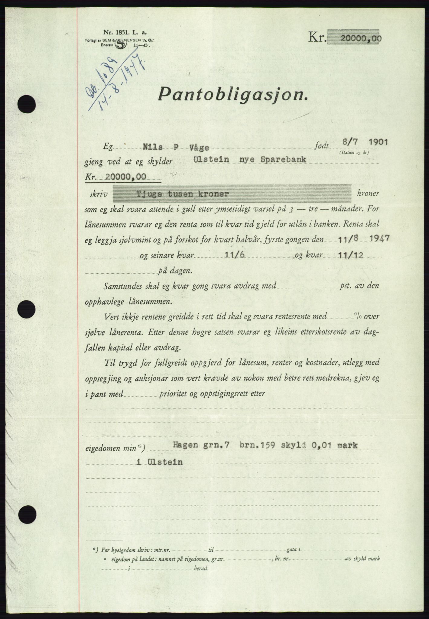 Søre Sunnmøre sorenskriveri, AV/SAT-A-4122/1/2/2C/L0115: Mortgage book no. 3B, 1947-1948, Diary no: : 1089/1947