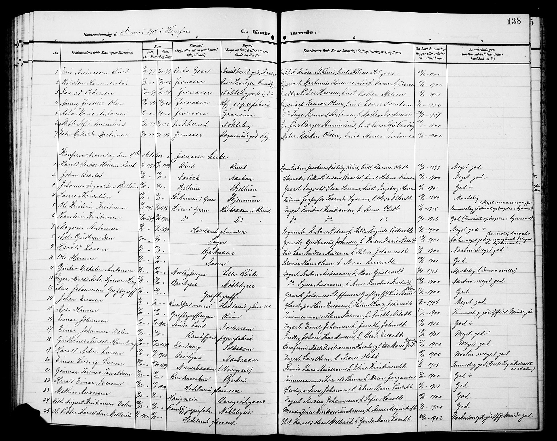 Jevnaker prestekontor, SAH/PREST-116/H/Ha/Hab/L0004: Parish register (copy) no. 4, 1907-1918, p. 138