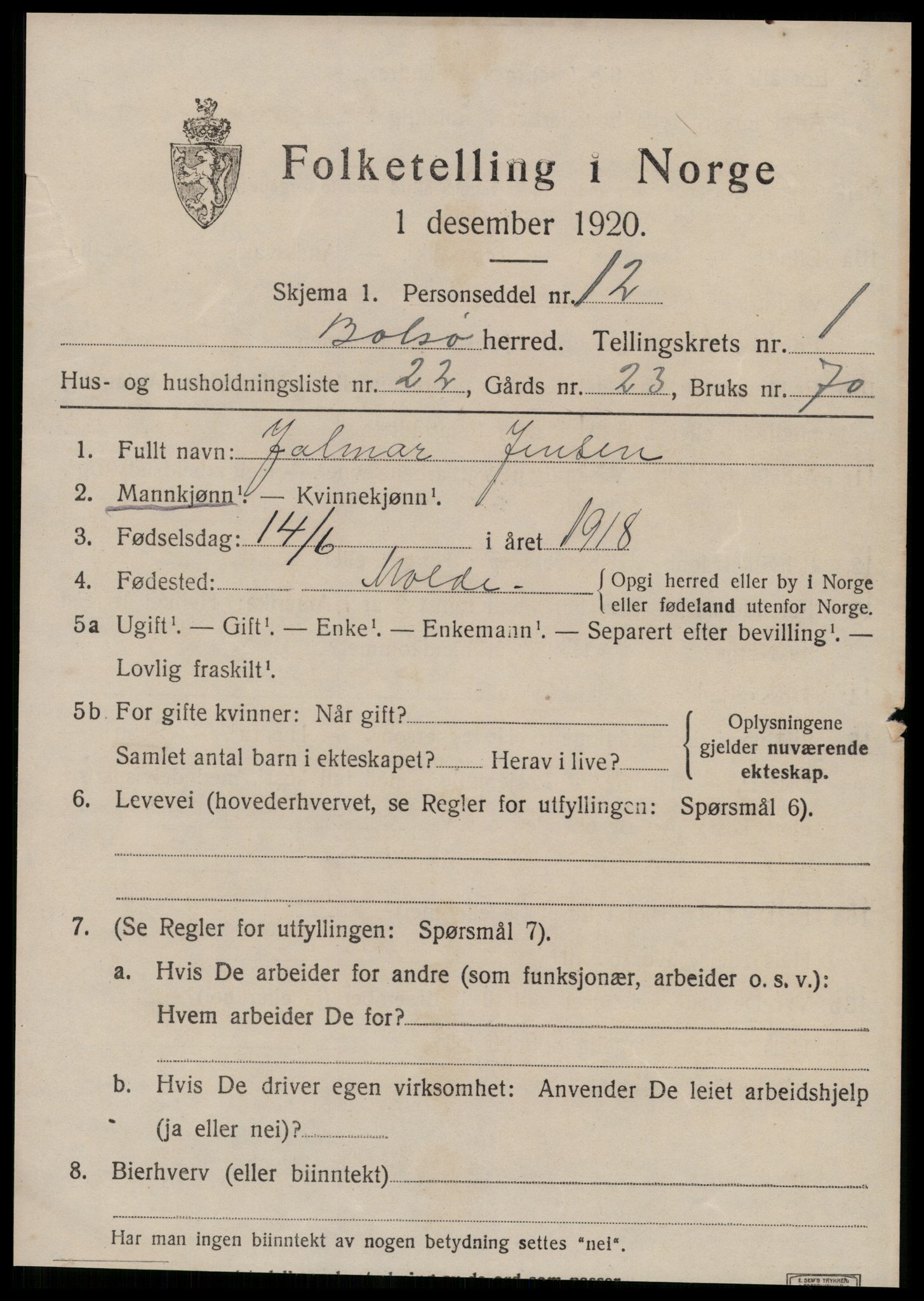 SAT, 1920 census for Bolsøy, 1920, p. 1871