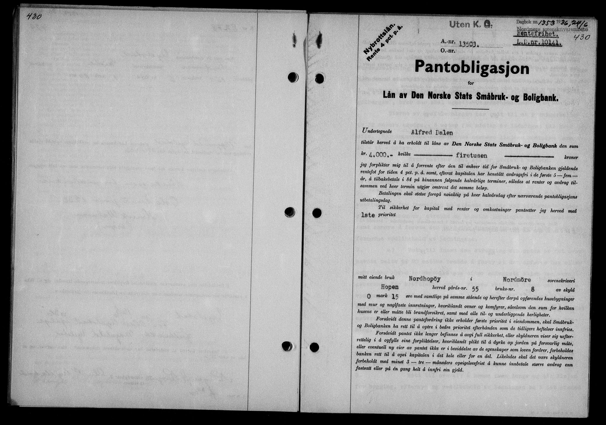 Nordmøre sorenskriveri, AV/SAT-A-4132/1/2/2Ca/L0088: Mortgage book no. 78, 1936-1936, Diary no: : 1353/1936