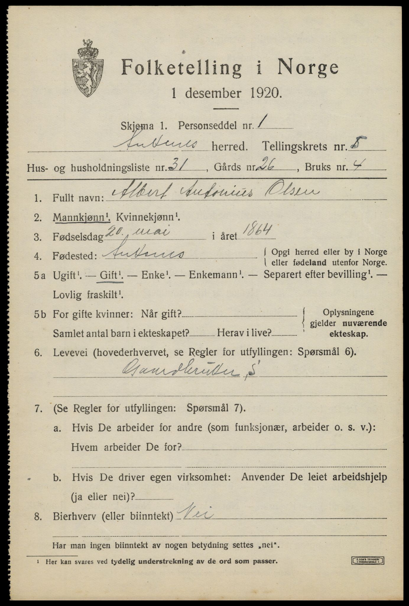 SAT, 1920 census for Ankenes, 1920, p. 3443