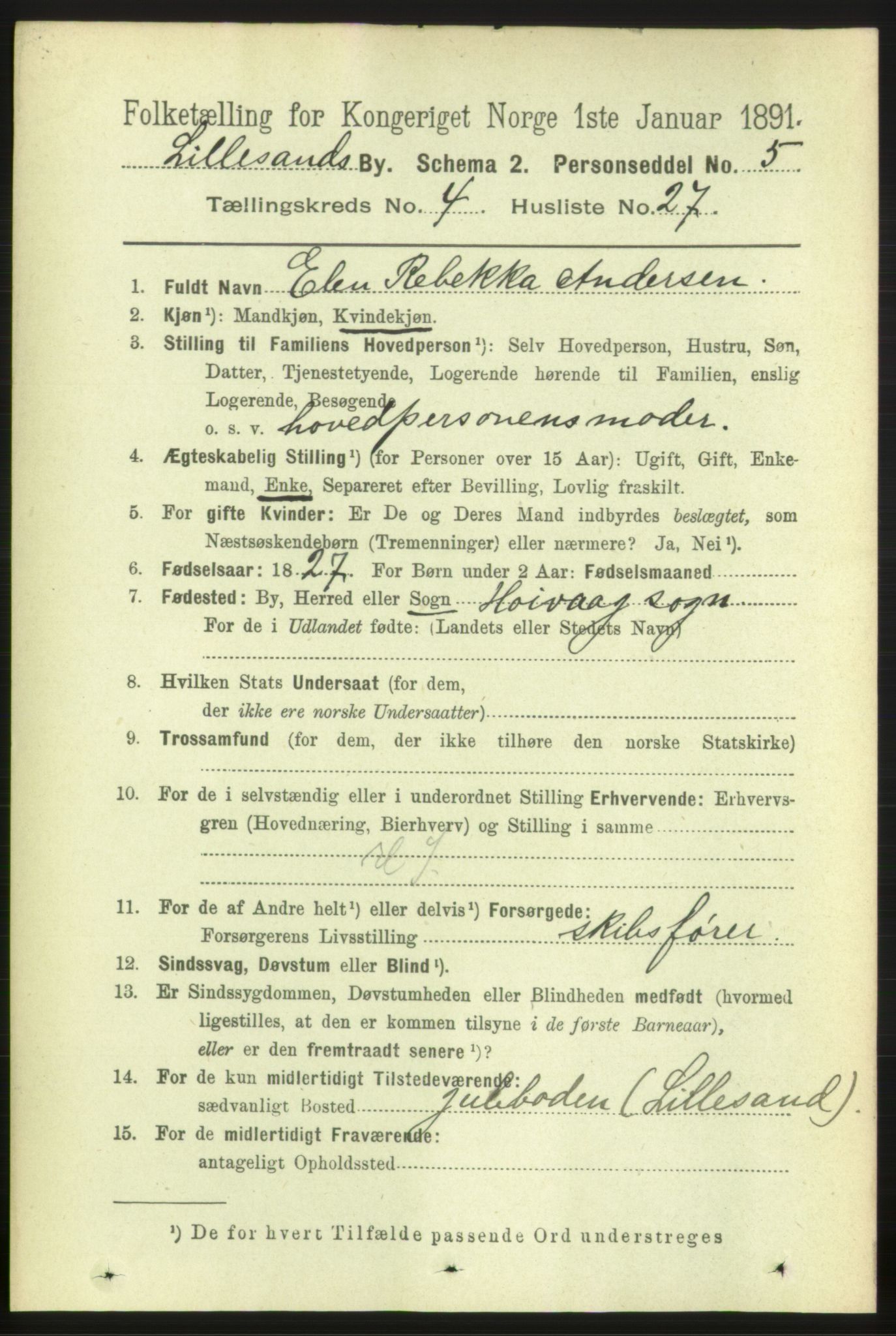 RA, 1891 census for 0905 Lillesand, 1891, p. 1289