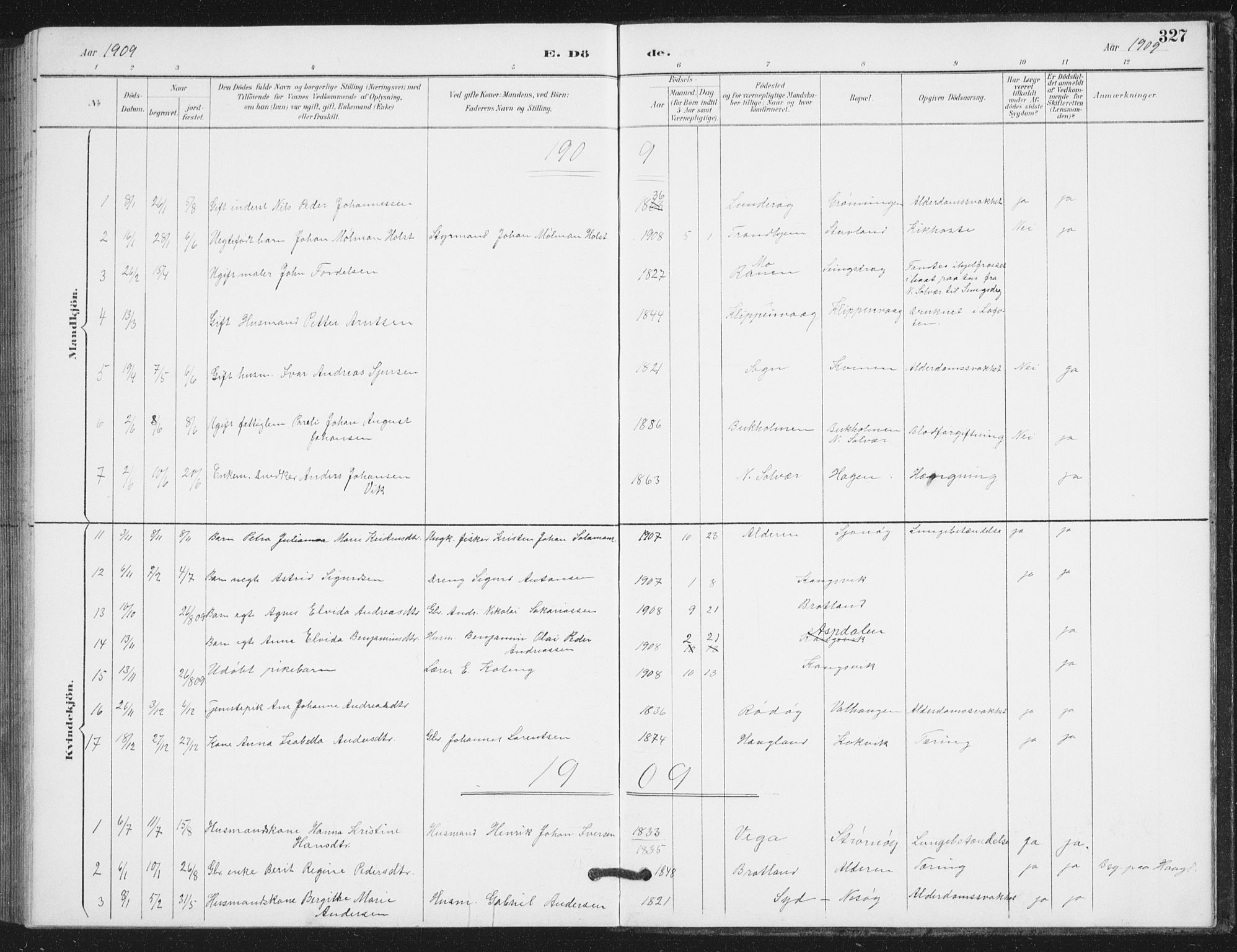 Ministerialprotokoller, klokkerbøker og fødselsregistre - Nordland, SAT/A-1459/839/L0573: Parish register (copy) no. 839C03, 1892-1917, p. 327