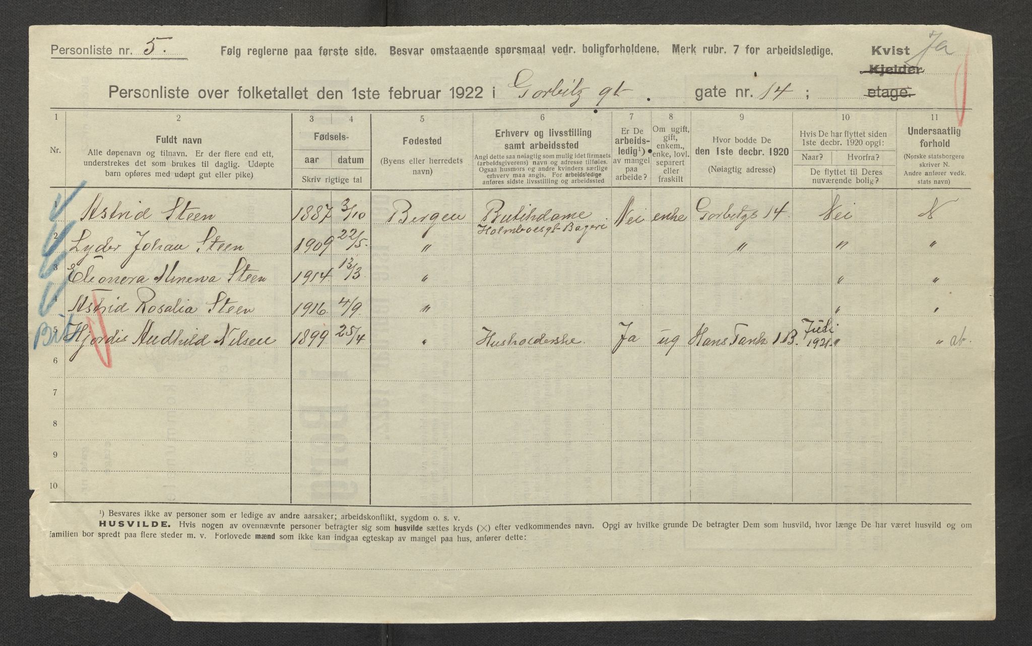 SAB, Municipal Census 1922 for Bergen, 1922, p. 11659