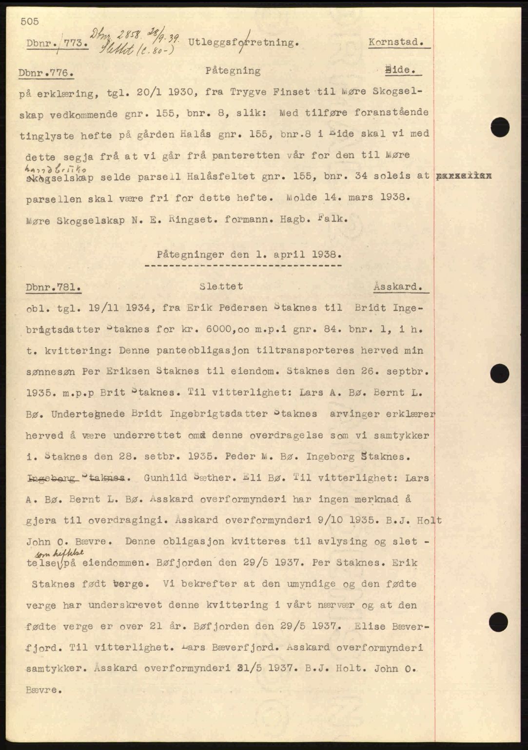 Nordmøre sorenskriveri, AV/SAT-A-4132/1/2/2Ca: Mortgage book no. C80, 1936-1939, Diary no: : 773/1938