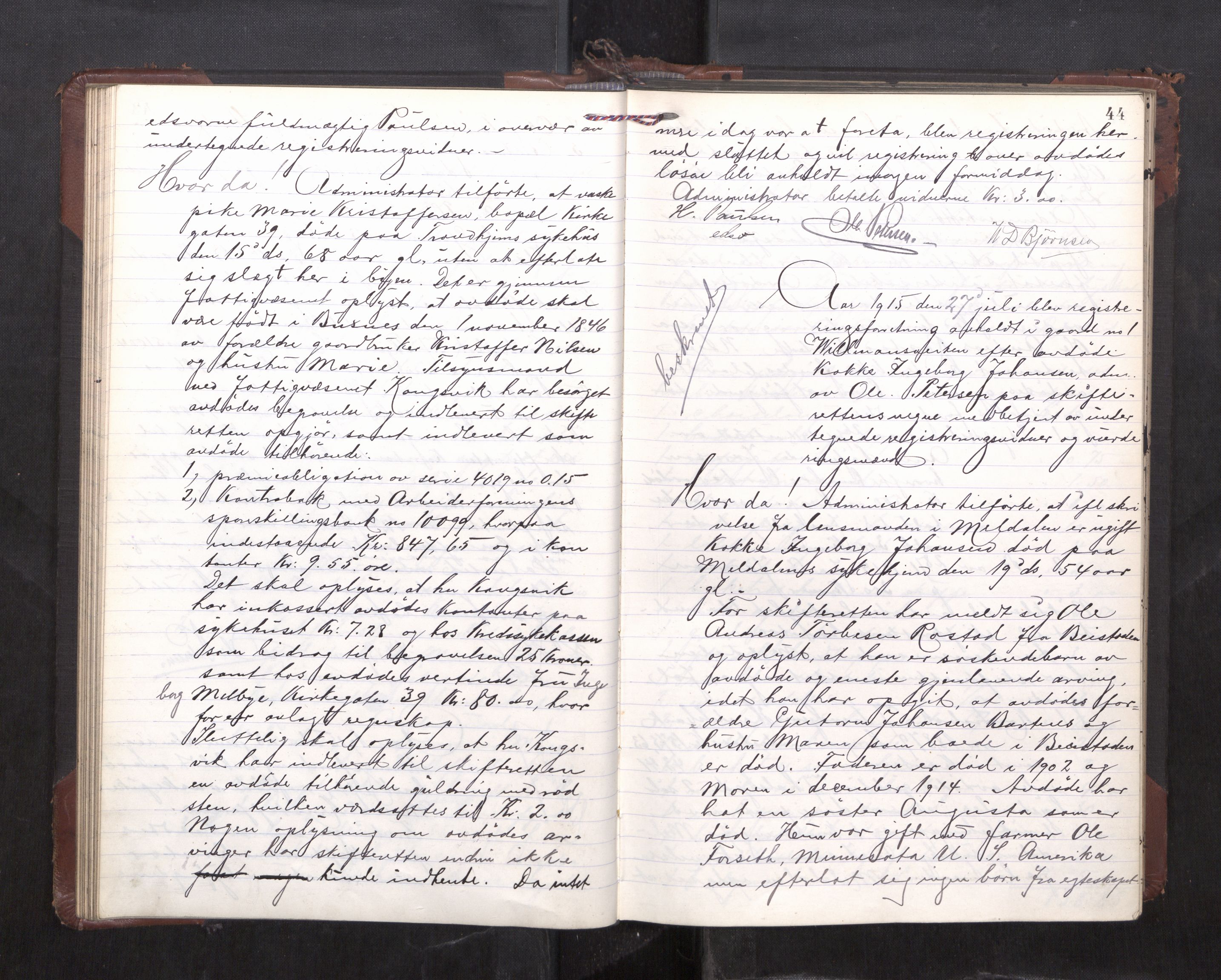 Trondheim byfogd, AV/SAT-A-0003/1/3/3C/L0036: Skifteregistreringsprotokoll - 14/4-24/9. (u/ register), 1915-1918, p. 44