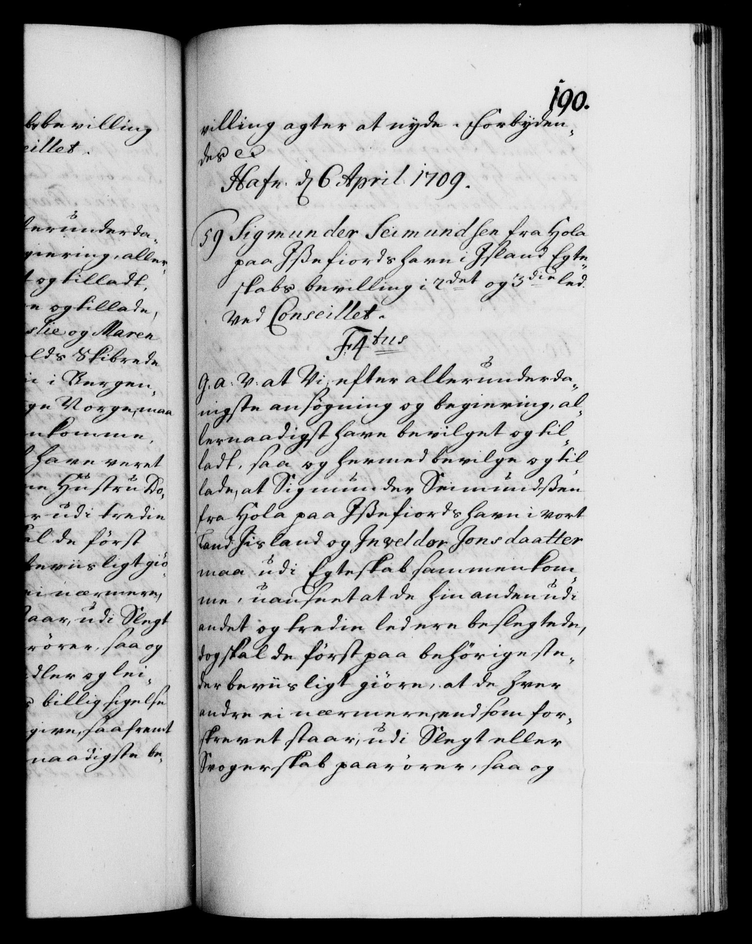 Danske Kanselli 1572-1799, AV/RA-EA-3023/F/Fc/Fca/Fcaa/L0020: Norske registre, 1708-1711, p. 190a