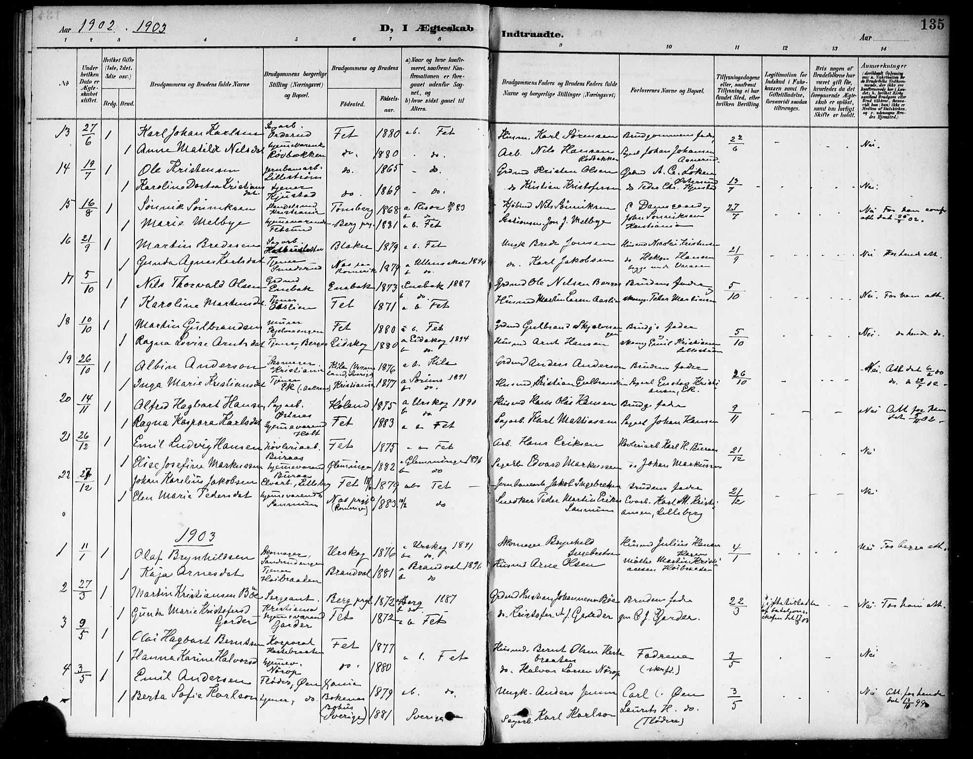 Fet prestekontor Kirkebøker, SAO/A-10370a/F/Fa/L0015: Parish register (official) no. I 15, 1892-1904, p. 135