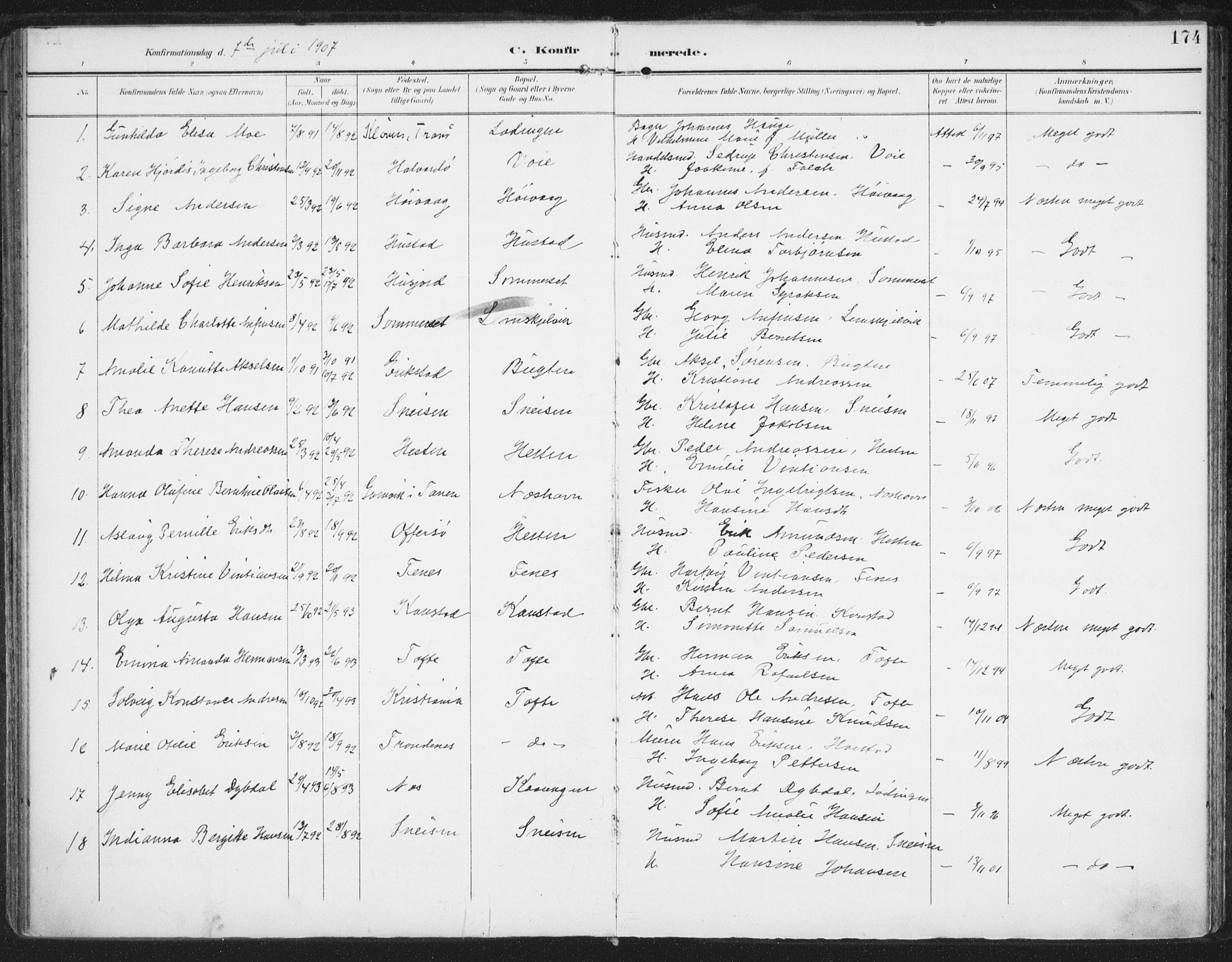 Ministerialprotokoller, klokkerbøker og fødselsregistre - Nordland, AV/SAT-A-1459/872/L1036: Parish register (official) no. 872A11, 1897-1913, p. 174