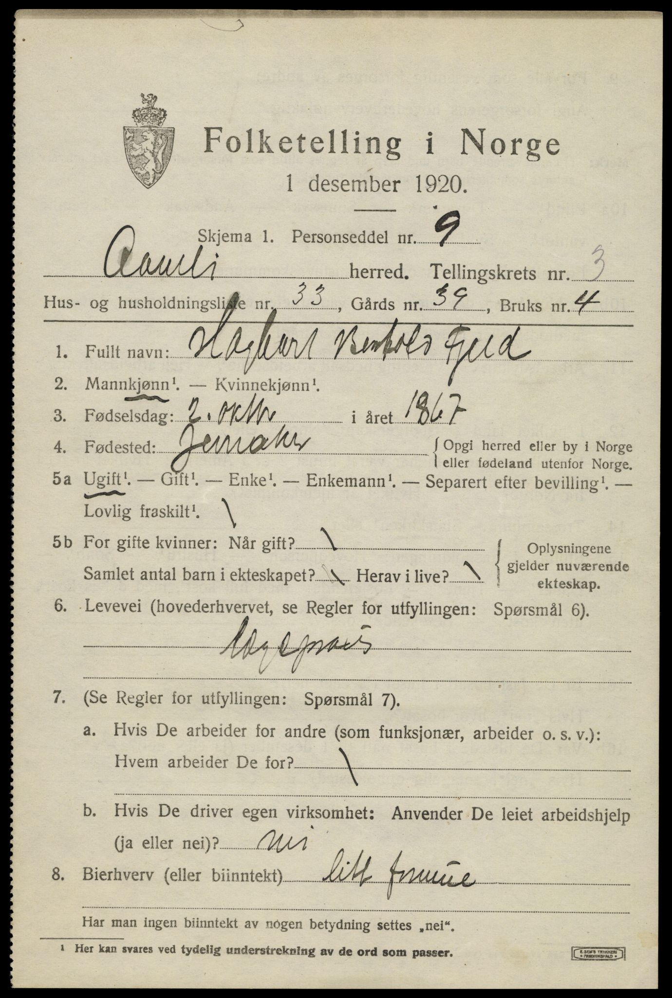 SAK, 1920 census for Åmli, 1920, p. 1599