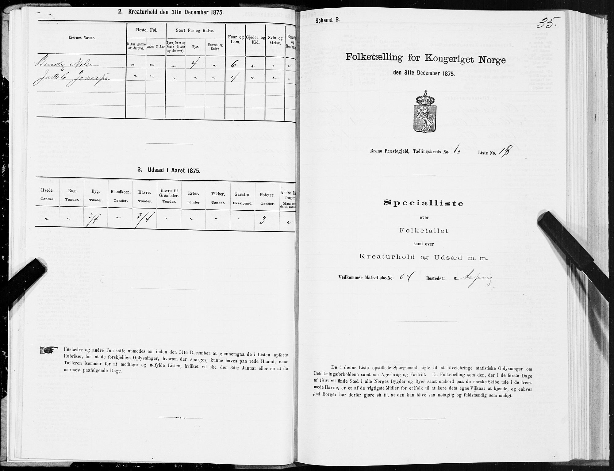 SAT, 1875 census for 1814P Brønnøy, 1875, p. 1035