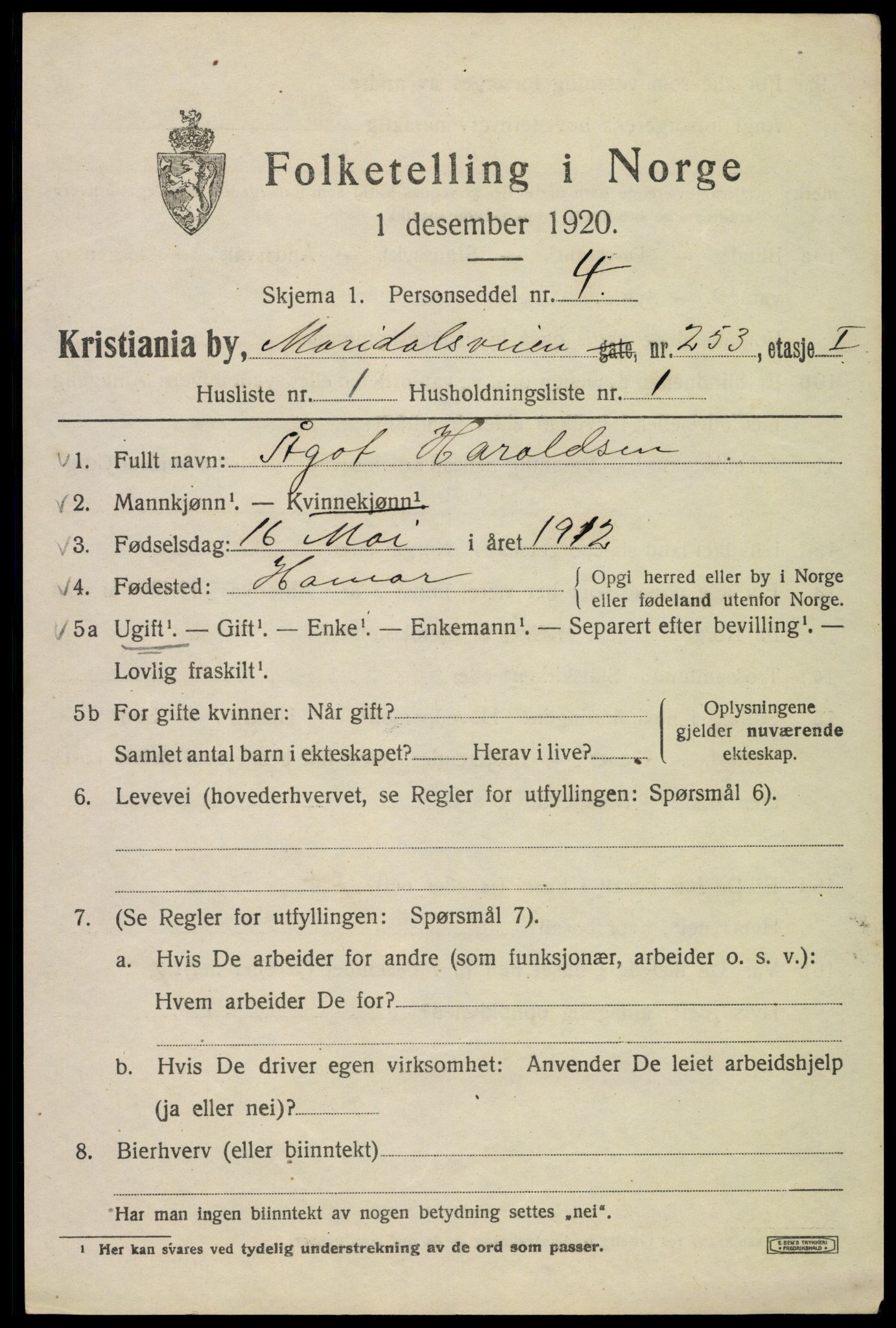 SAO, 1920 census for Kristiania, 1920, p. 384455