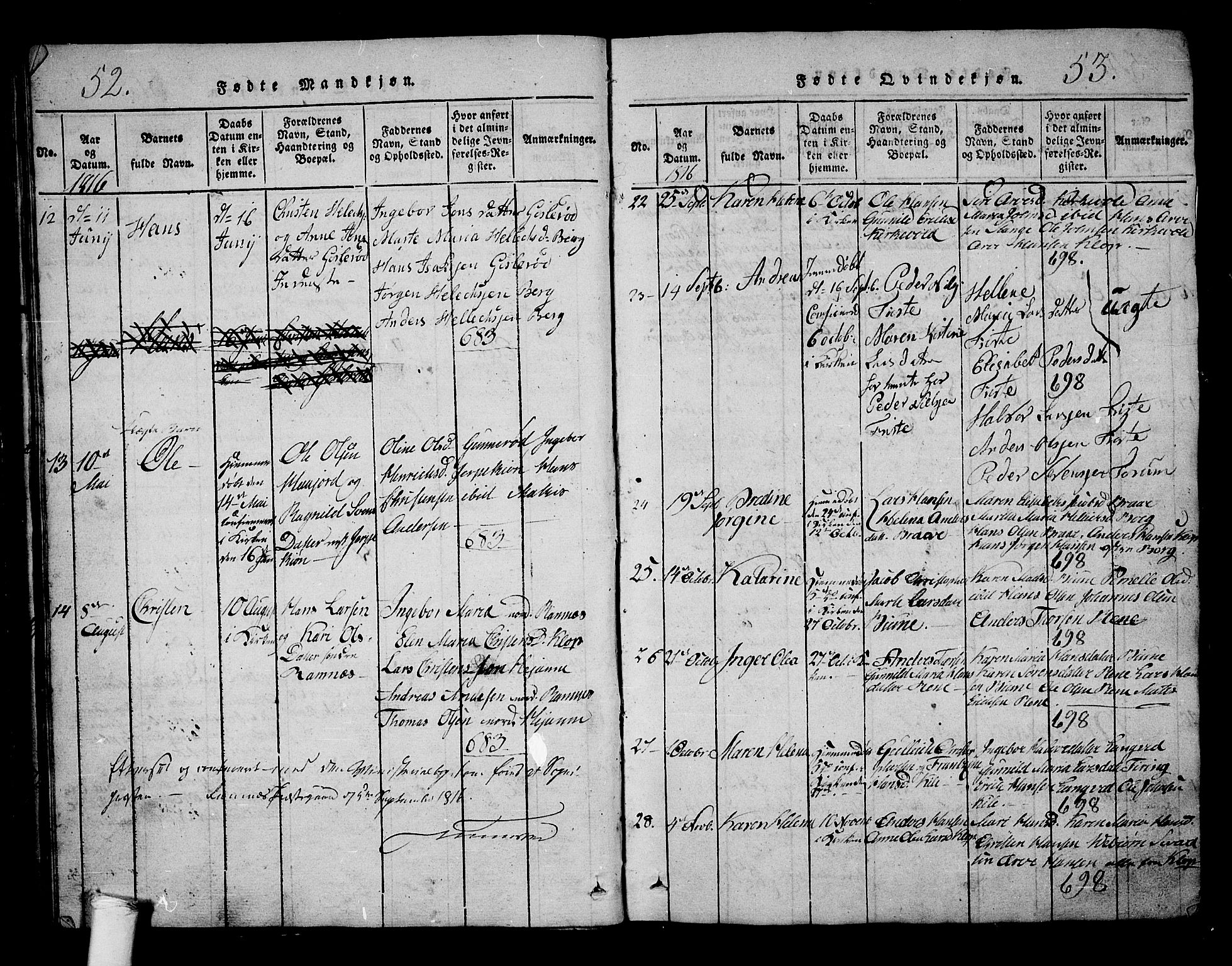 Ramnes kirkebøker, AV/SAKO-A-314/G/Ga/L0001: Parish register (copy) no. I 1, 1813-1847, p. 52-53