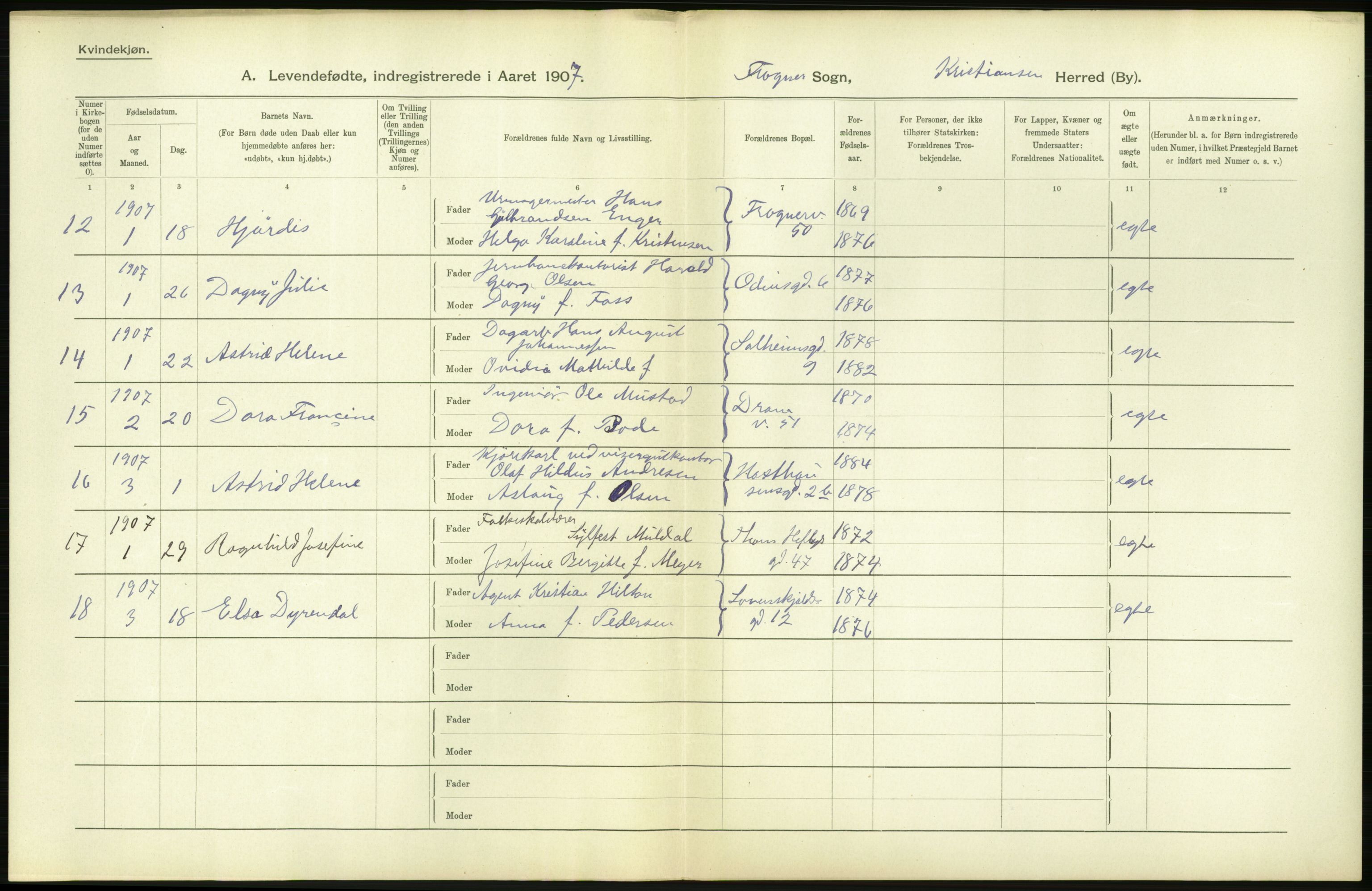 Statistisk sentralbyrå, Sosiodemografiske emner, Befolkning, AV/RA-S-2228/D/Df/Dfa/Dfae/L0006: Kristiania: Levendefødte menn og kvinner., 1907, p. 256