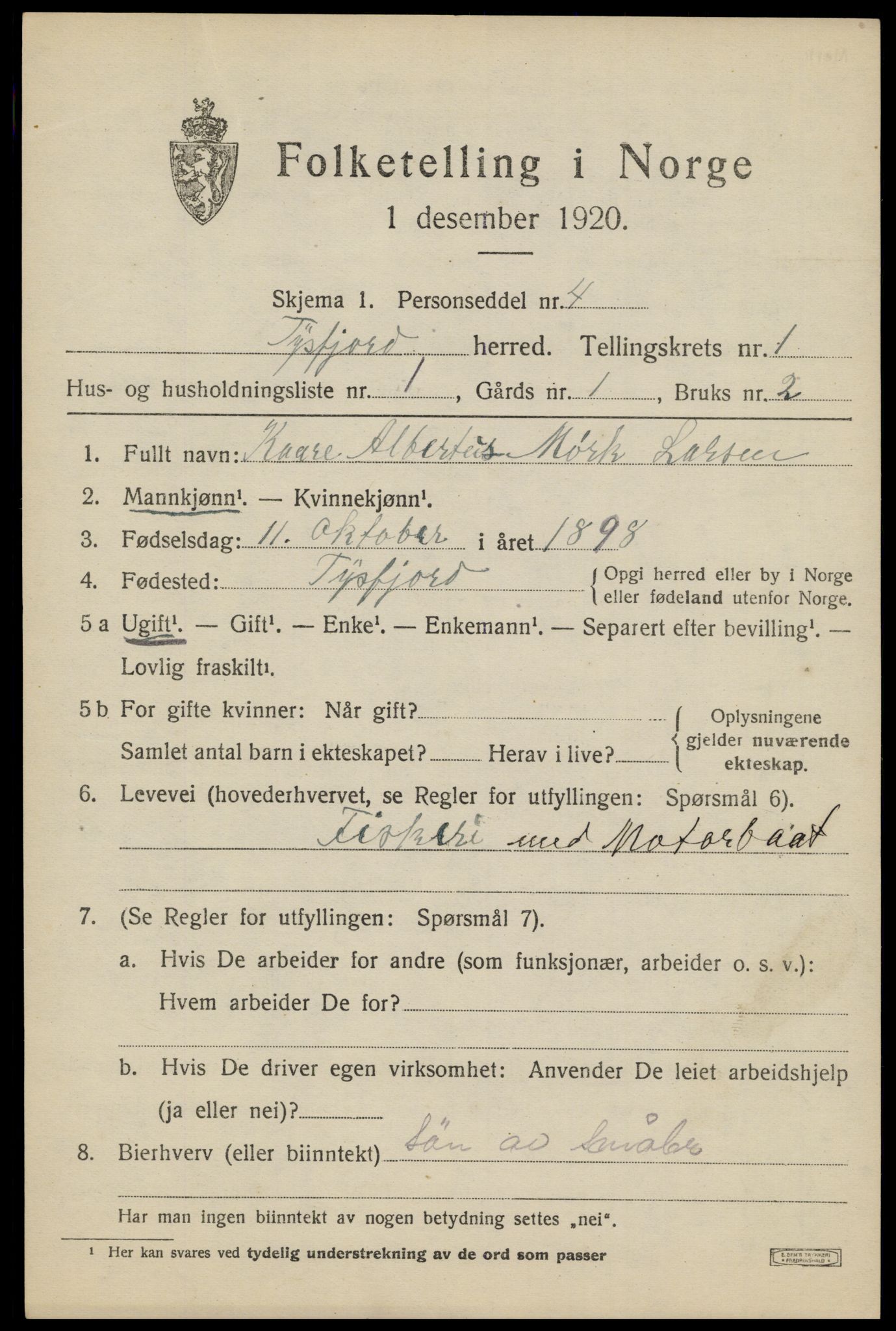 SAT, 1920 census for Tysfjord, 1920, p. 947