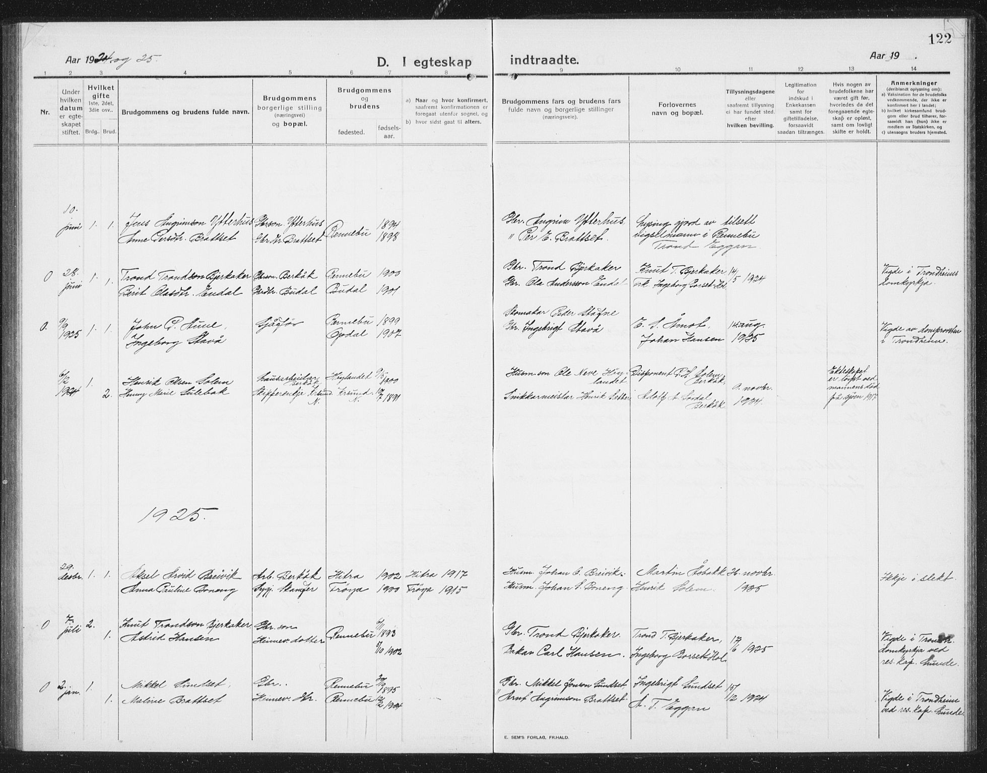 Ministerialprotokoller, klokkerbøker og fødselsregistre - Sør-Trøndelag, SAT/A-1456/675/L0888: Parish register (copy) no. 675C01, 1913-1935, p. 122