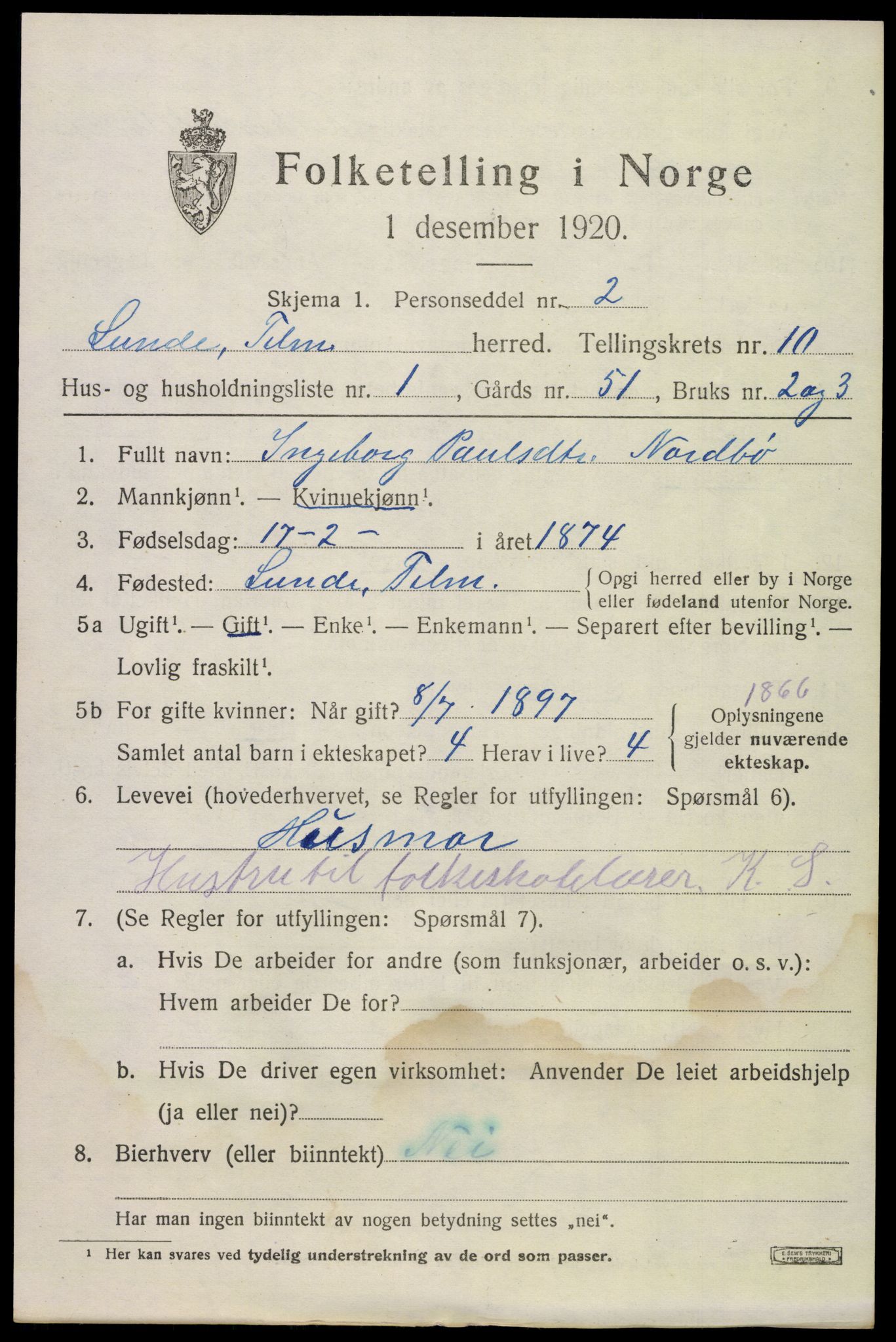 SAKO, 1920 census for Lunde, 1920, p. 5755