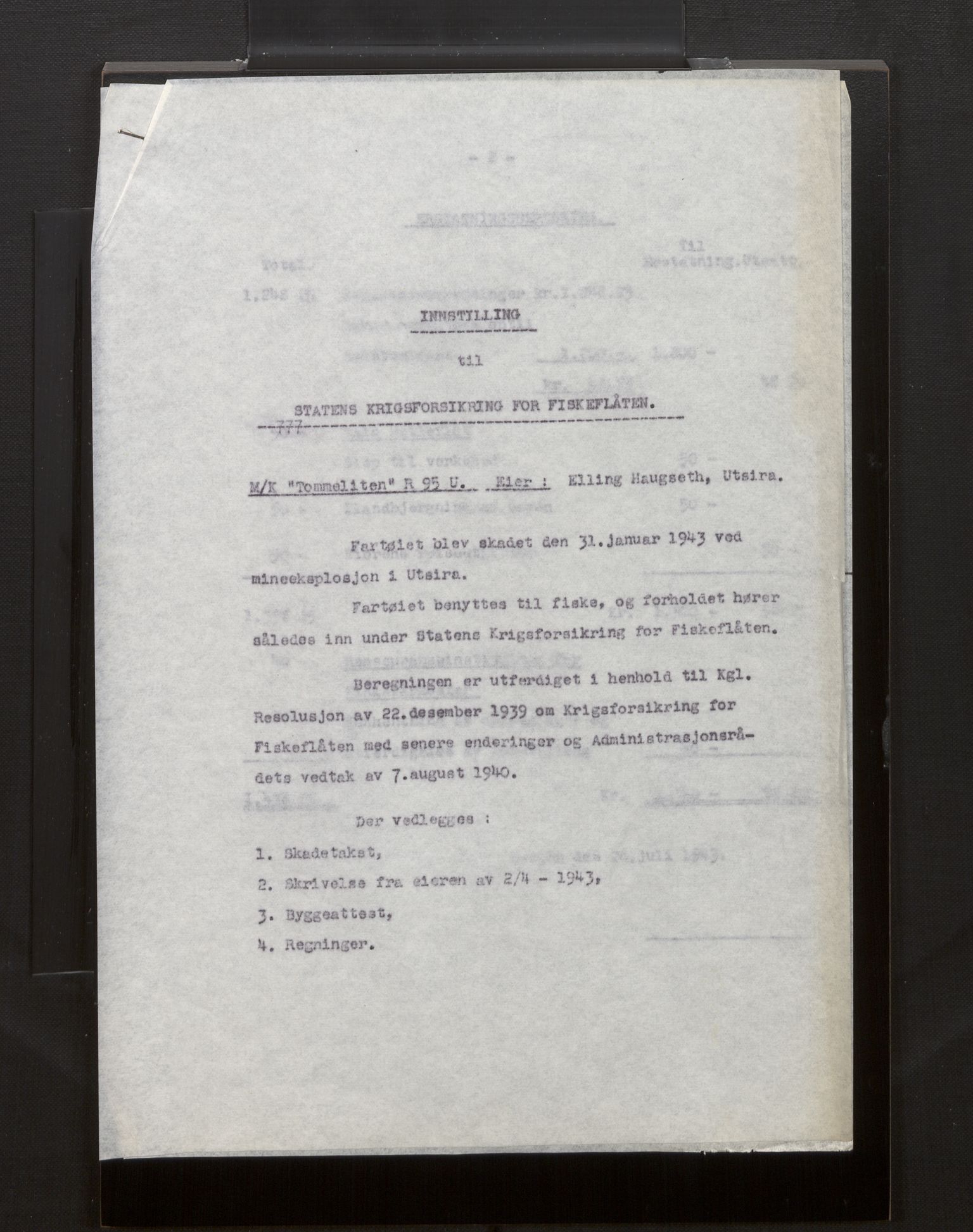 Fiskeridirektoratet - 1 Adm. ledelse - 13 Båtkontoret, AV/SAB-A-2003/La/L0008: Statens krigsforsikring for fiskeflåten, 1936-1971, p. 220