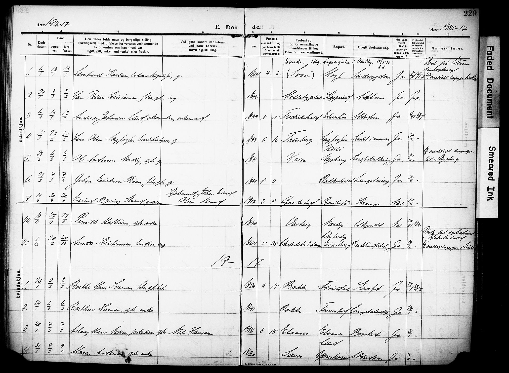 Rakkestad prestekontor Kirkebøker, AV/SAO-A-2008/F/Fa/L0015: Parish register (official) no. I 15, 1909-1922, p. 229