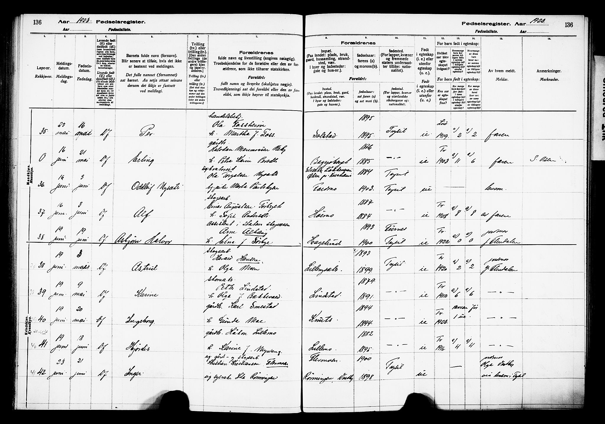 Trysil prestekontor, AV/SAH-PREST-046/I/Id/Ida/L0001: Birth register no. I 1, 1916-1927, p. 136