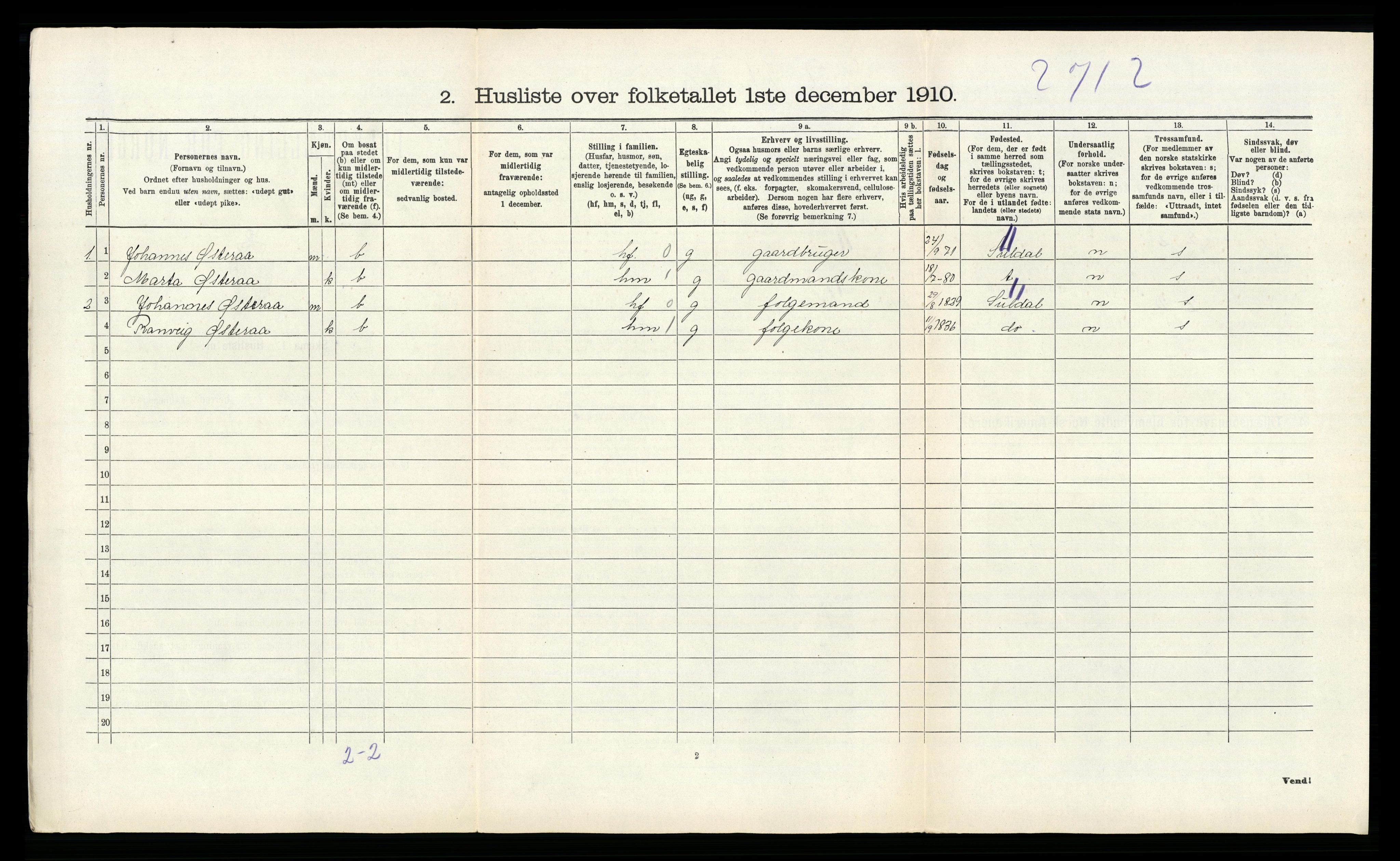 RA, 1910 census for Sauda, 1910, p. 407