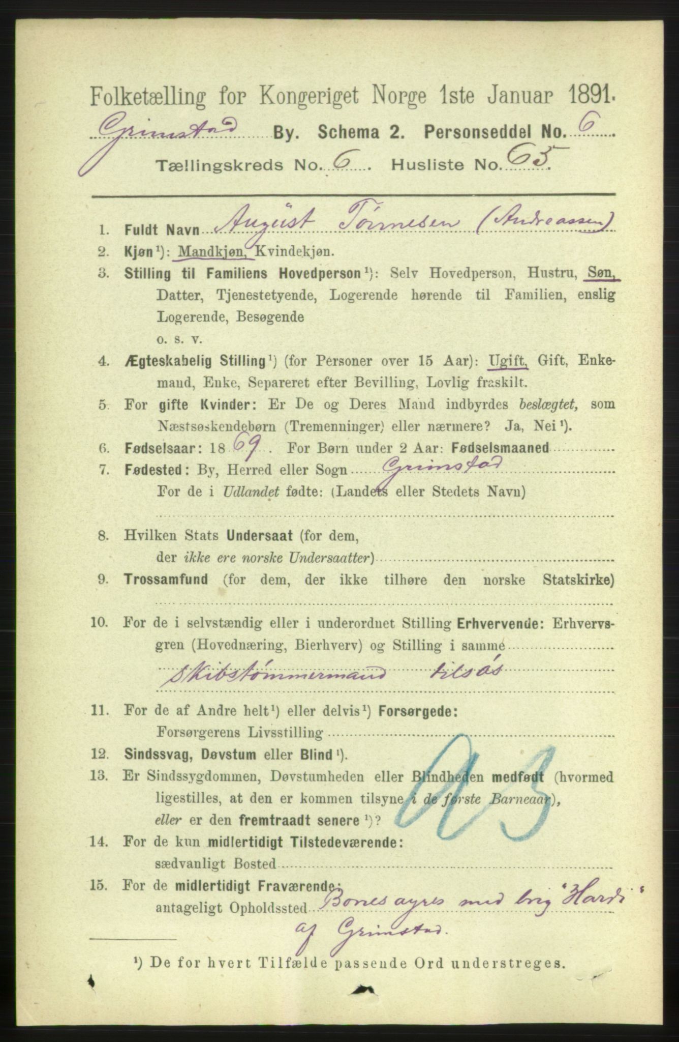 RA, 1891 census for 0904 Grimstad, 1891, p. 4164