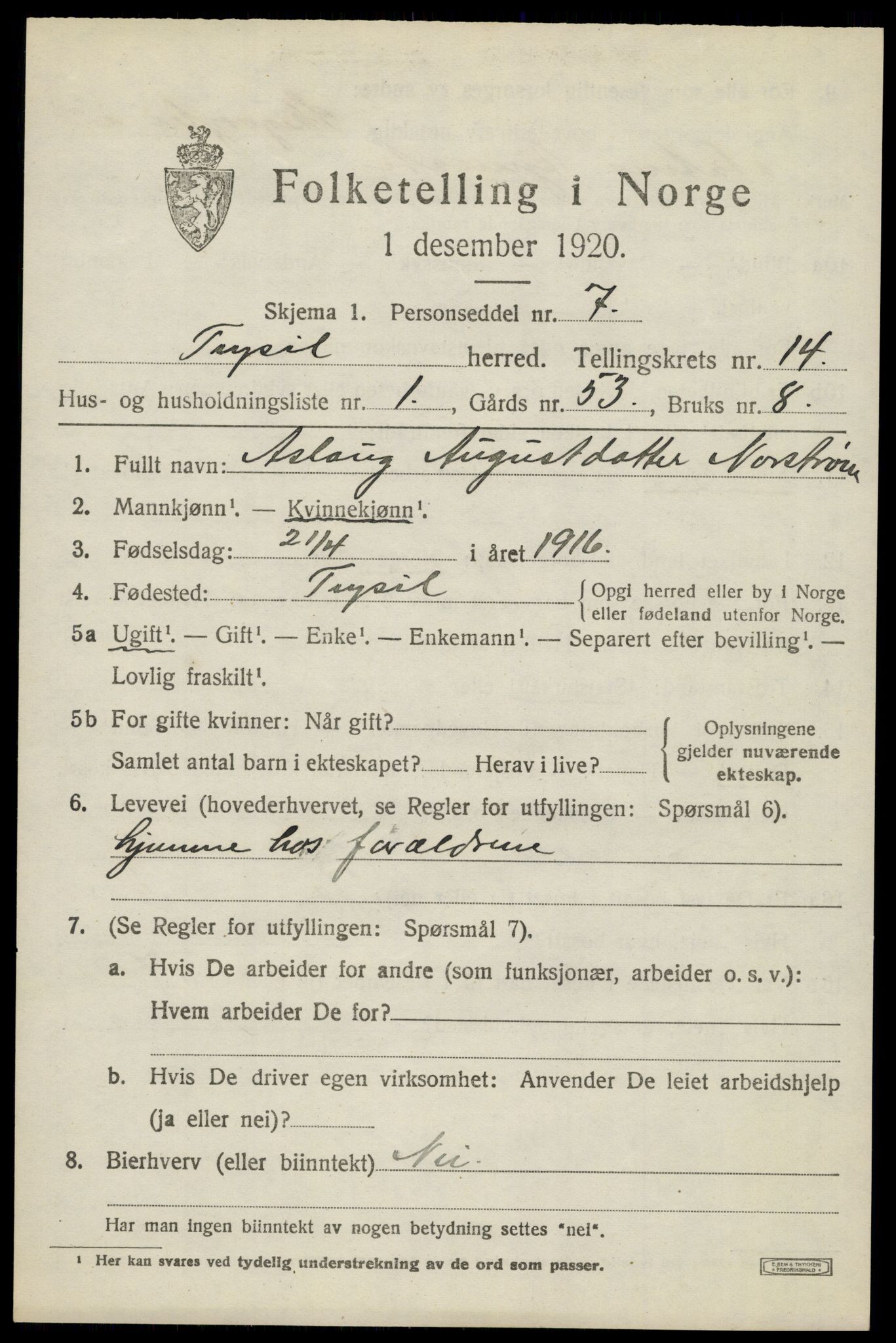 SAH, 1920 census for Trysil, 1920, p. 7877