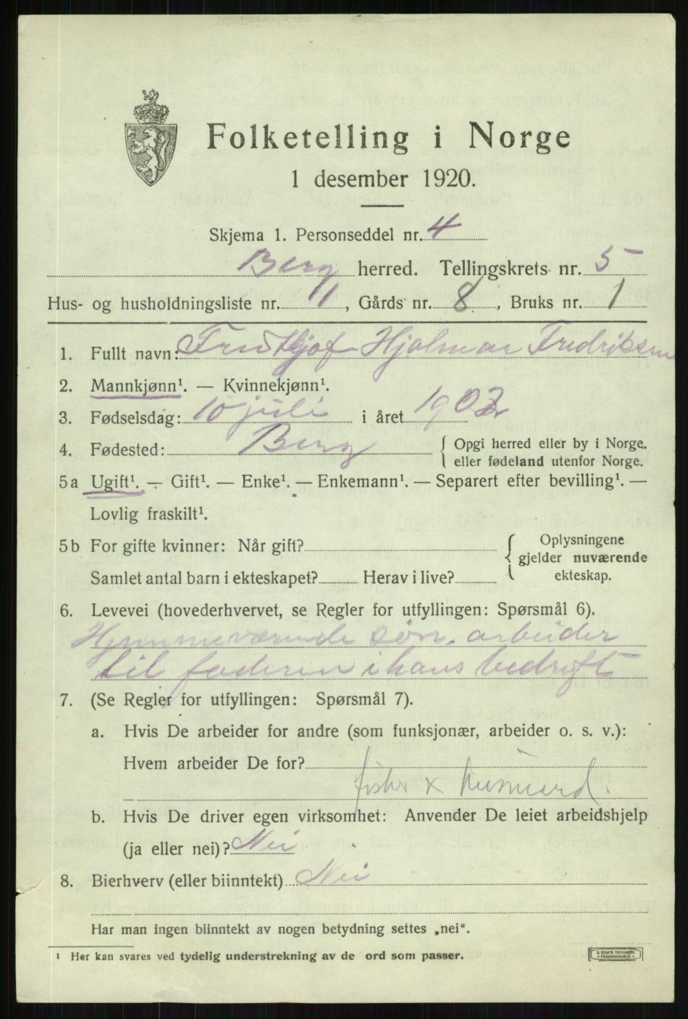 SATØ, 1920 census for Berg, 1920, p. 1710