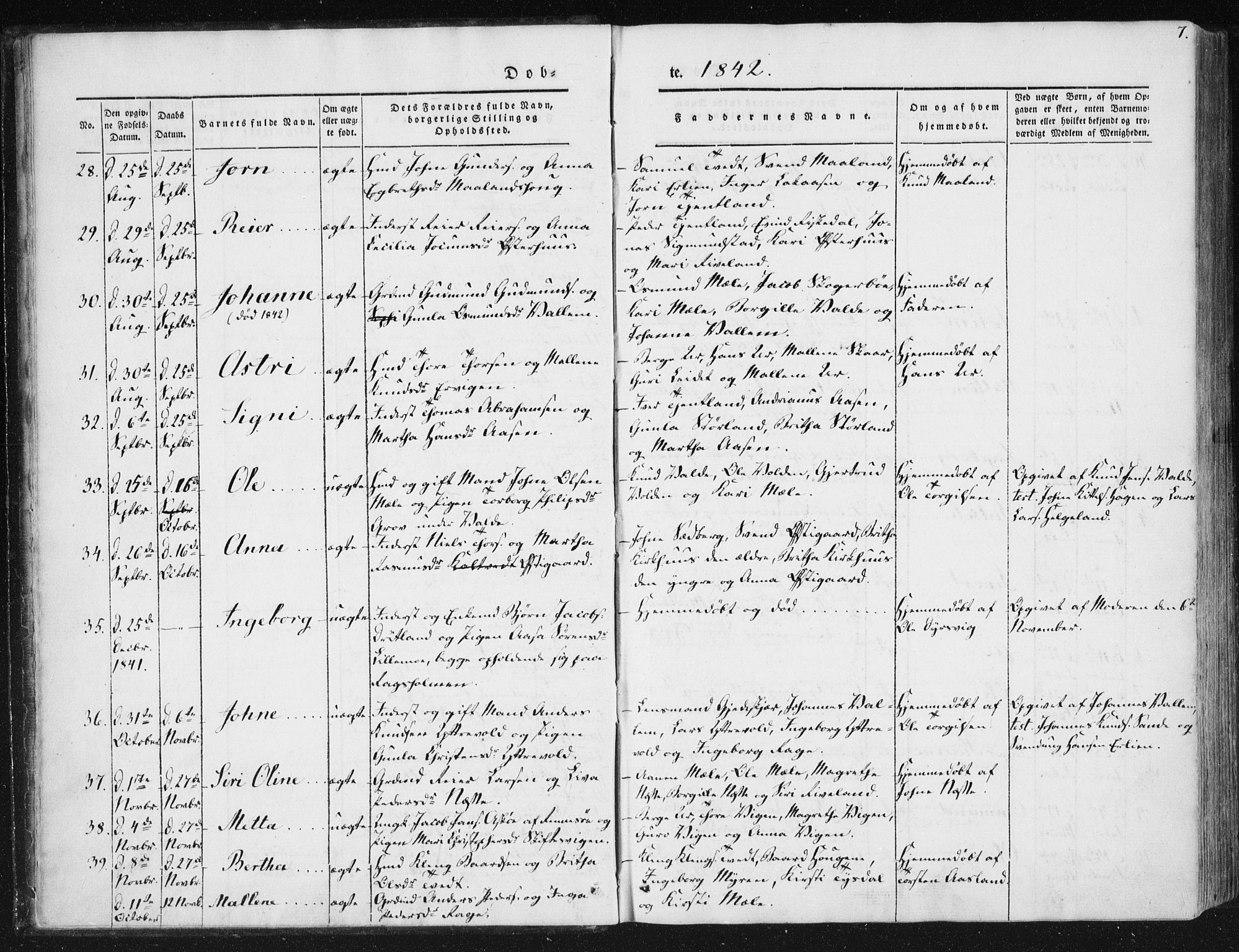 Hjelmeland sokneprestkontor, SAST/A-101843/01/IV/L0008: Parish register (official) no. A 8, 1842-1861, p. 7