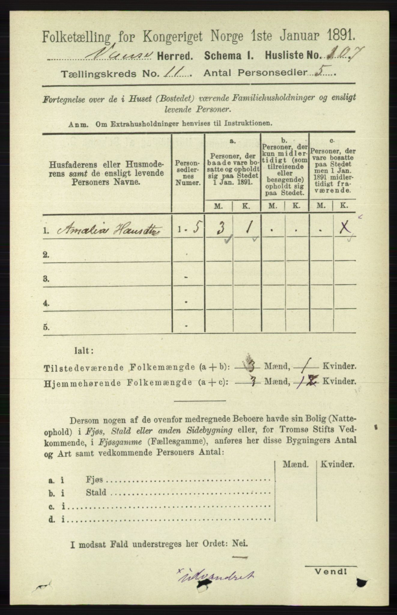 RA, 1891 census for 1041 Vanse, 1891, p. 6185