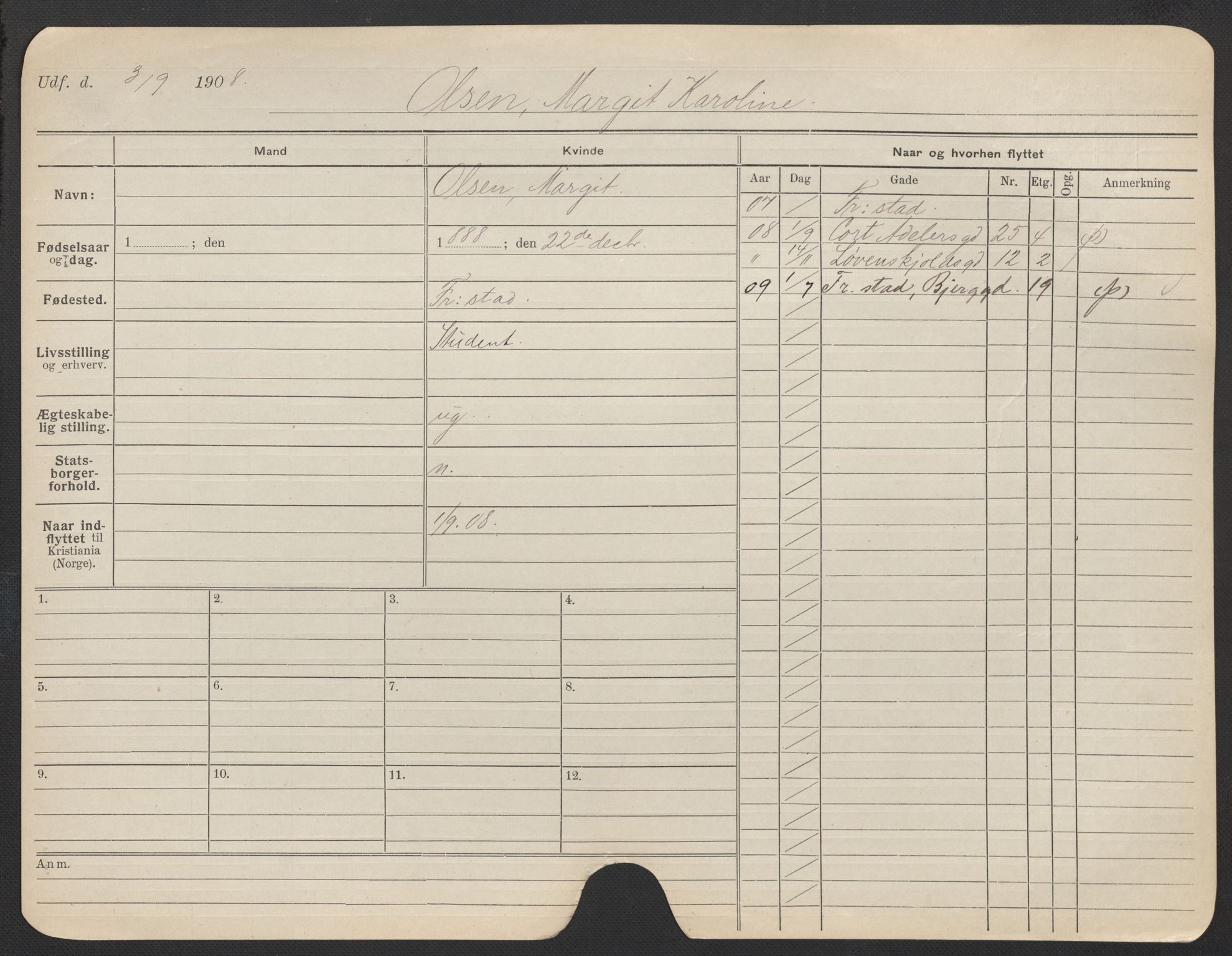 Oslo folkeregister, Registerkort, AV/SAO-A-11715/F/Fa/Fac/L0022: Kvinner, 1906-1914, p. 127a