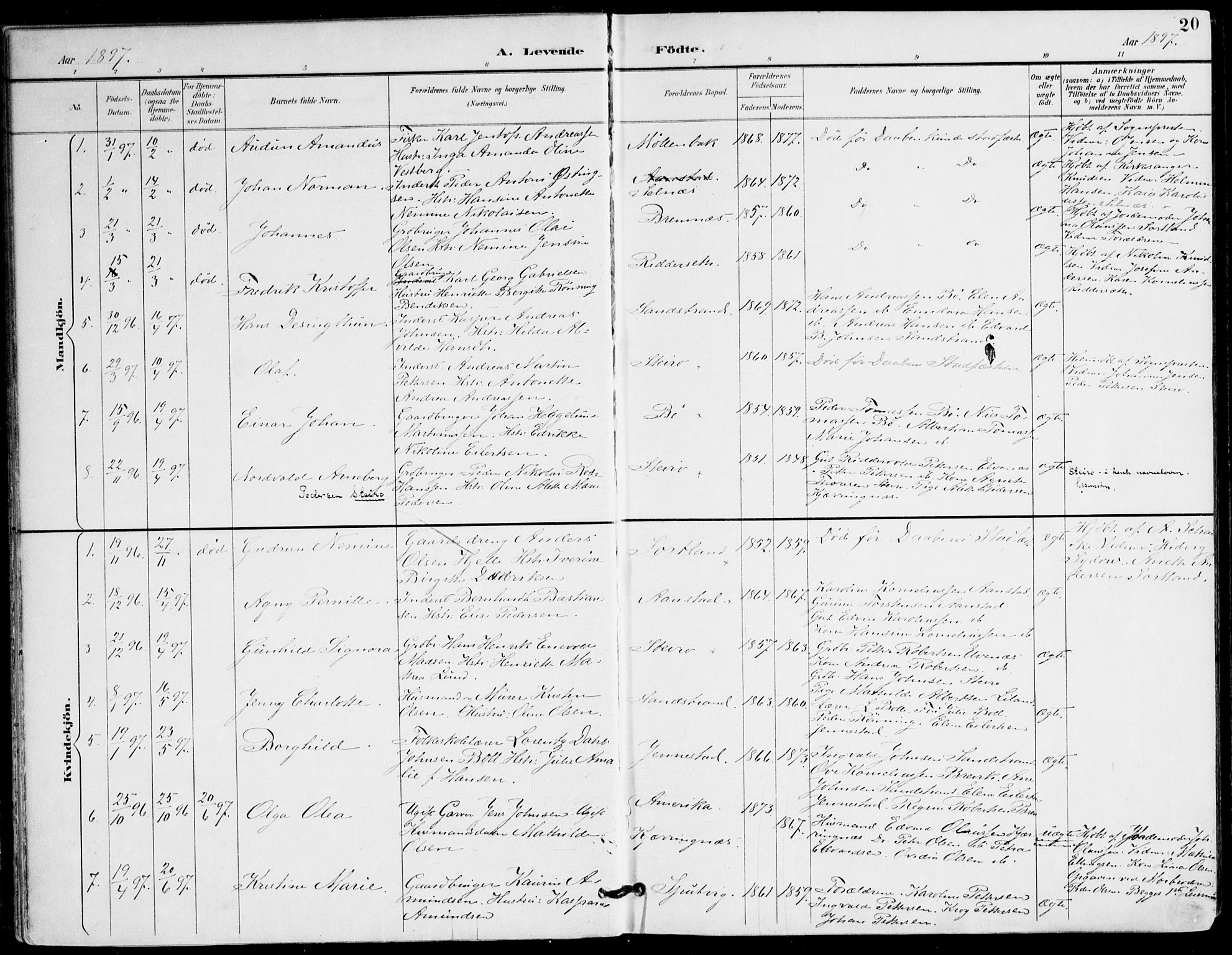 Ministerialprotokoller, klokkerbøker og fødselsregistre - Nordland, AV/SAT-A-1459/895/L1372: Parish register (official) no. 895A07, 1894-1914, p. 20
