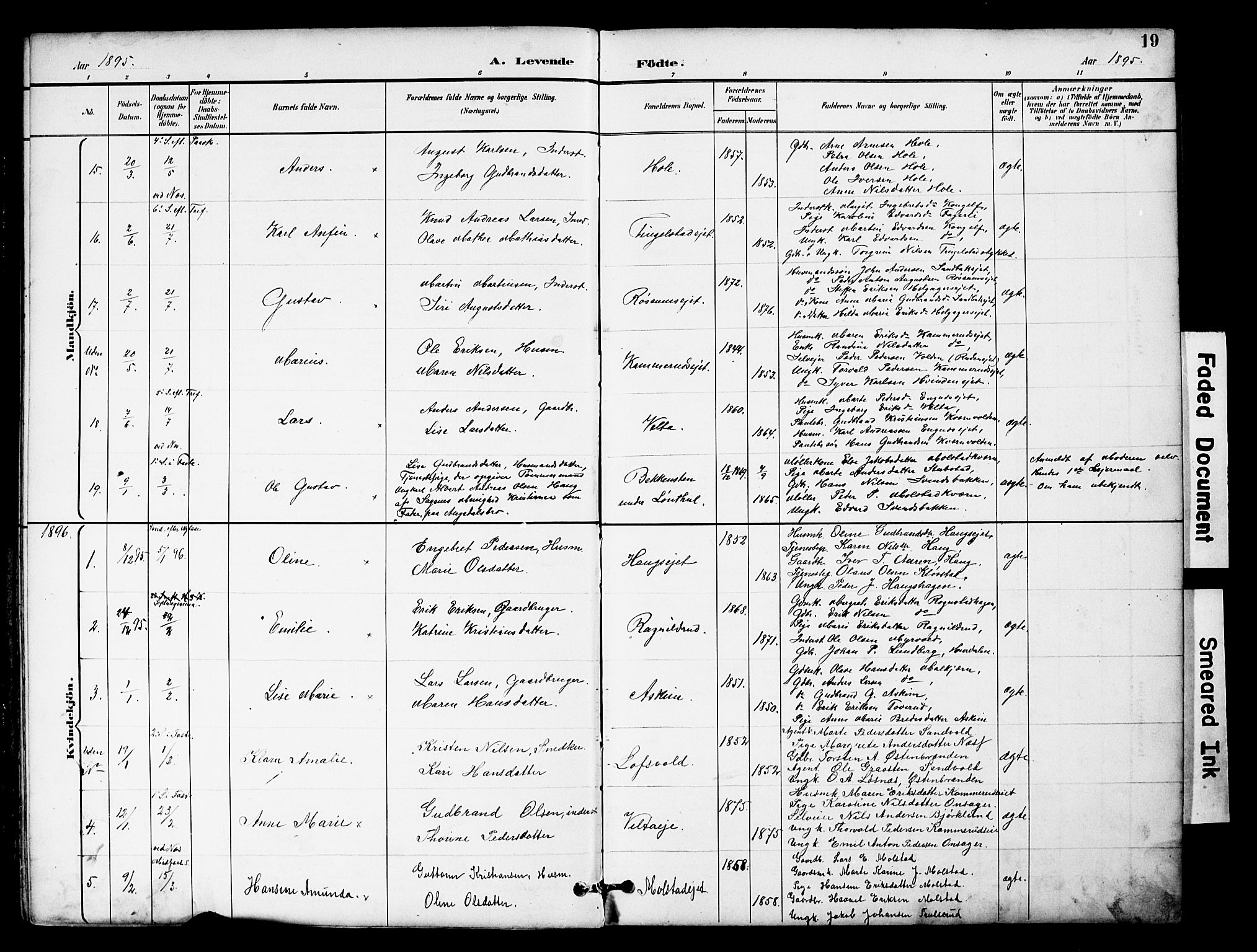 Brandbu prestekontor, SAH/PREST-114/H/Ha/Hab/L0006: Parish register (copy) no. 6, 1893-1902, p. 19