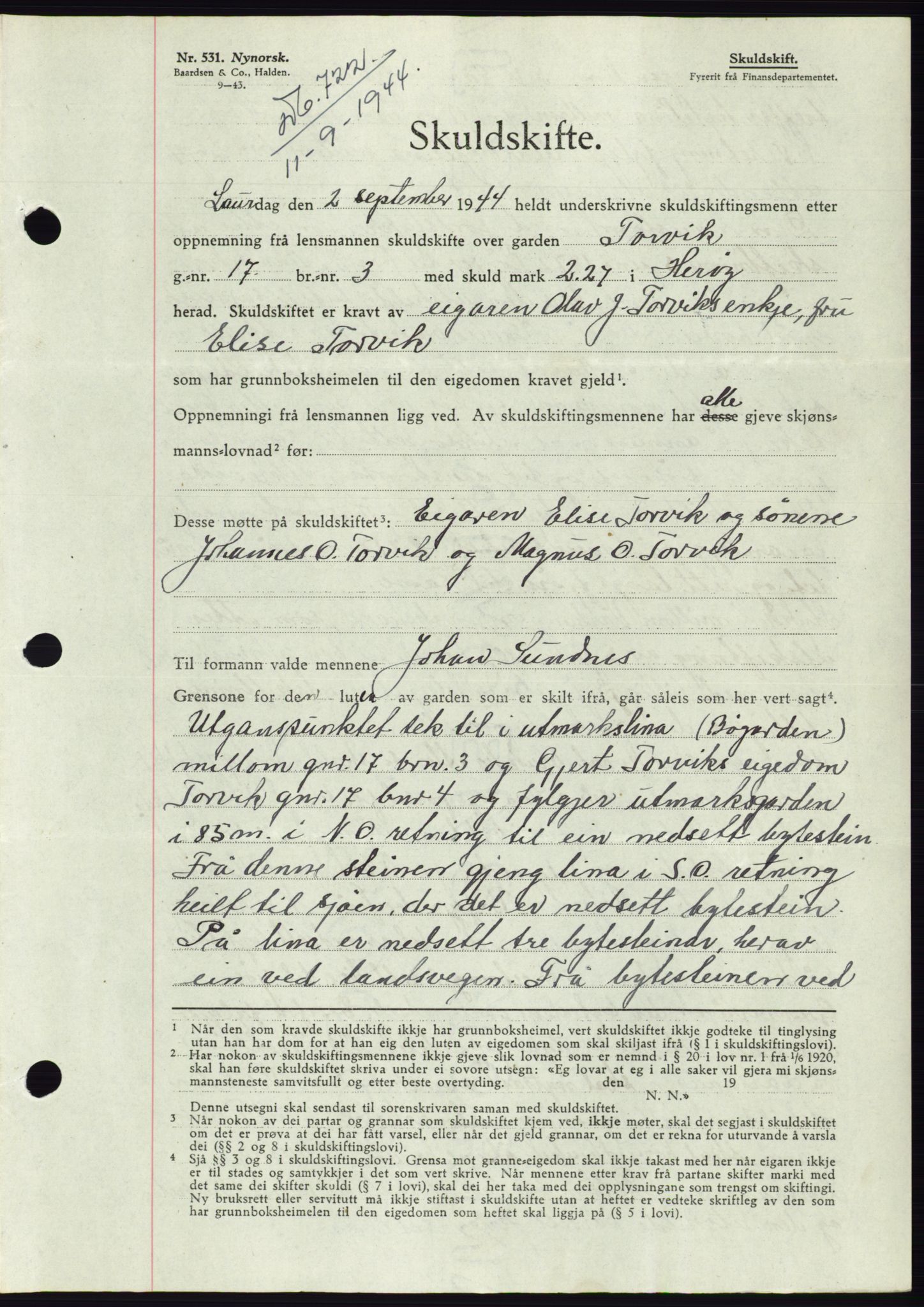 Søre Sunnmøre sorenskriveri, AV/SAT-A-4122/1/2/2C/L0076: Mortgage book no. 2A, 1943-1944, Diary no: : 722/1944