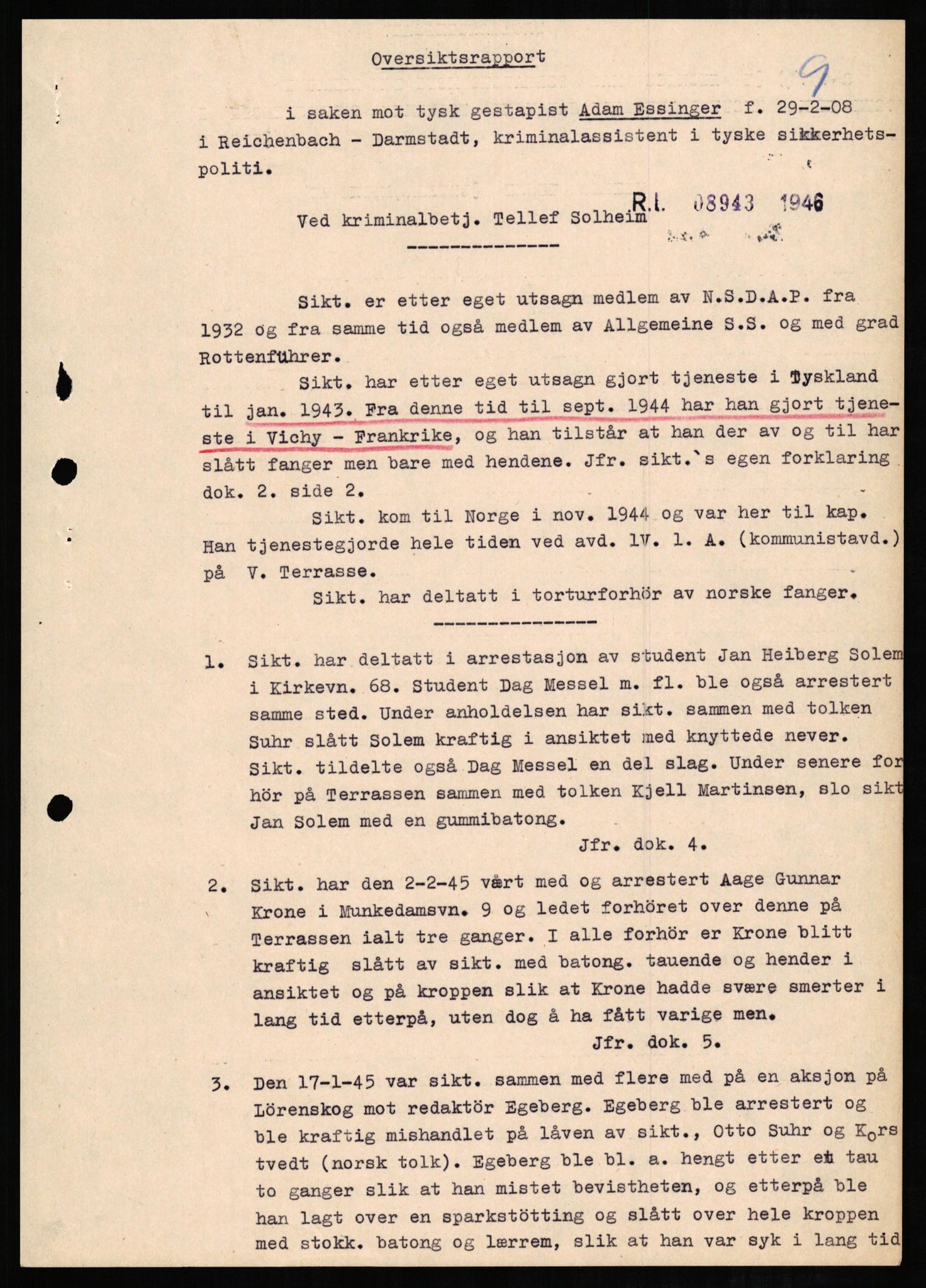 Forsvaret, Forsvarets overkommando II, RA/RAFA-3915/D/Db/L0007: CI Questionaires. Tyske okkupasjonsstyrker i Norge. Tyskere., 1945-1946, p. 315