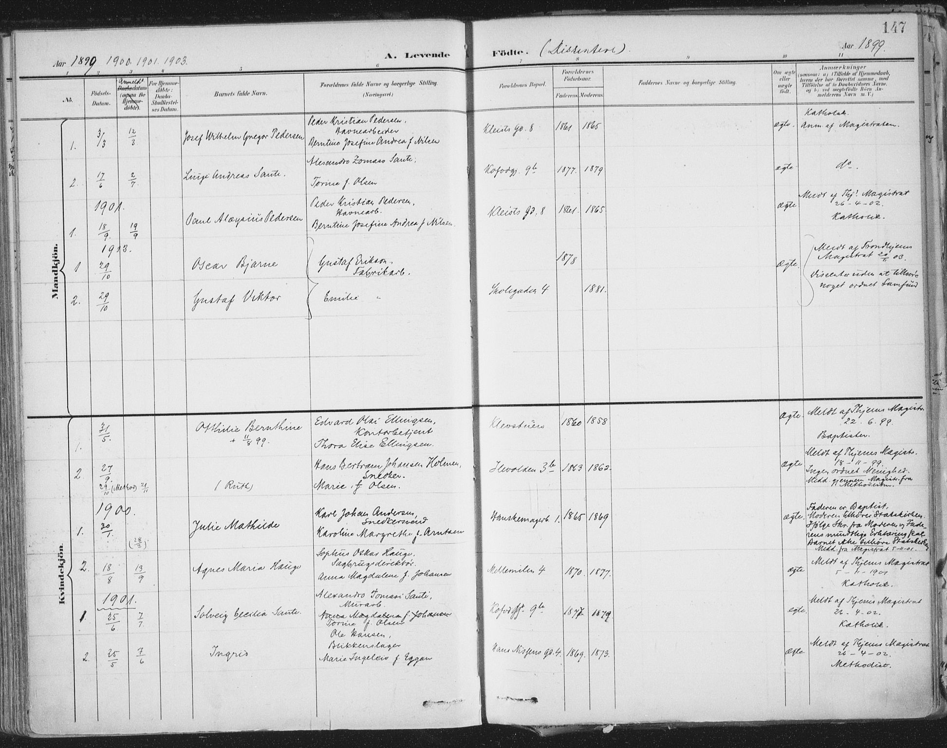 Ministerialprotokoller, klokkerbøker og fødselsregistre - Sør-Trøndelag, SAT/A-1456/603/L0167: Parish register (official) no. 603A06, 1896-1932, p. 147
